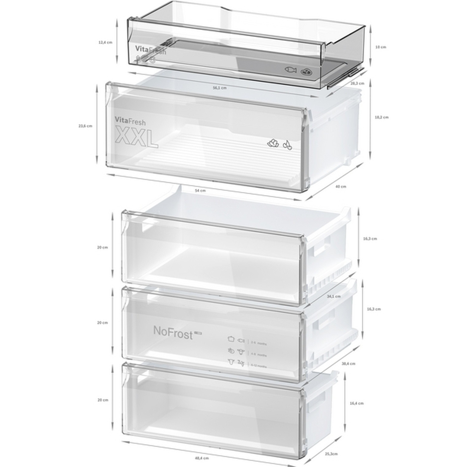 Diagram of refrigerator drawers. Top: small drawer. Middle: large drawer. Bottom: three drawers, one labeled 'NoFrost'.