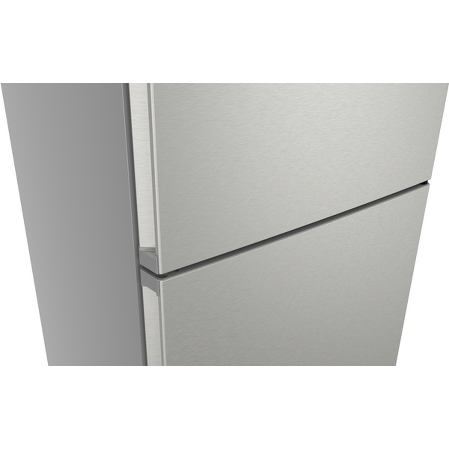 A close-up of a silver refrigerator. The top door is slightly open, revealing a glimpse of the interior. The metal surface is brushed.