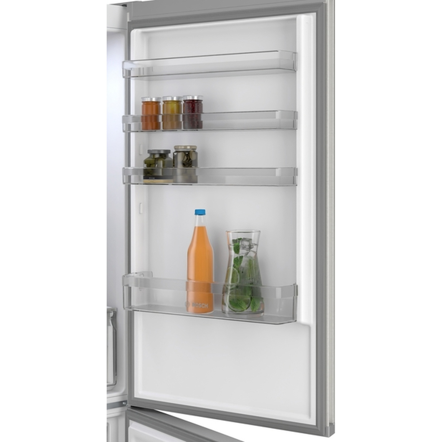 Open refrigerator door with jars of food on shelves. A bottle of juice and a glass with herbs and ice are also visible.