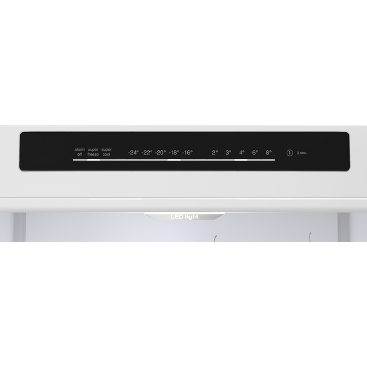 Bedieningspaneel van de koelkast met temperatuurinstellingen en functies zoals alarm, supervriezen en koelen. LED-licht is zichtbaar.