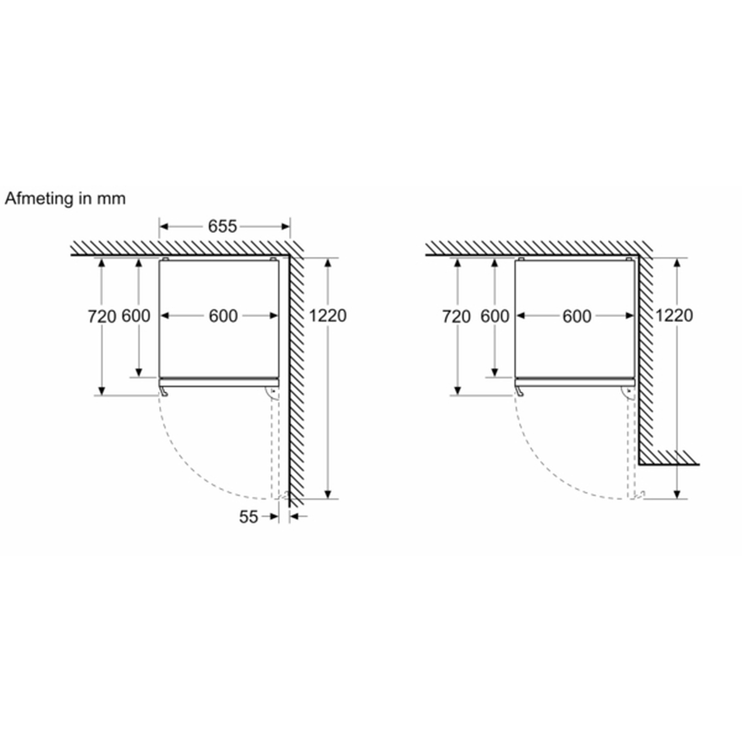 Diagram van een keukenkast met afmetingen in mm. Het toont een kast met een deur en geeft breedte- en hoogtematen.