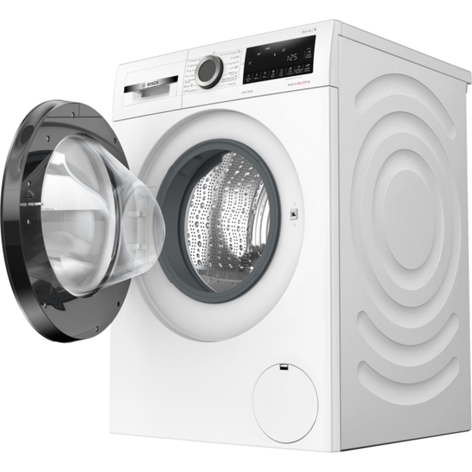 Une machine à laver blanche avec une porte ouverte. Le tambour est visible. La machine a un panneau de contrôle et un cadre de porte noir.