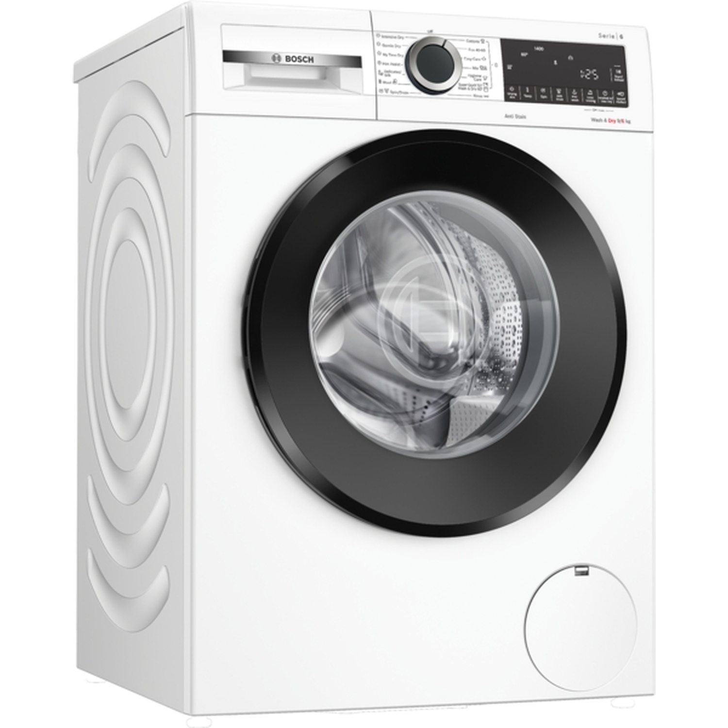 Lave-linge Bosch blanc avec porte noire. Comprend un panneau de commande et une porte ronde. Le côté gauche a un design ondulé.