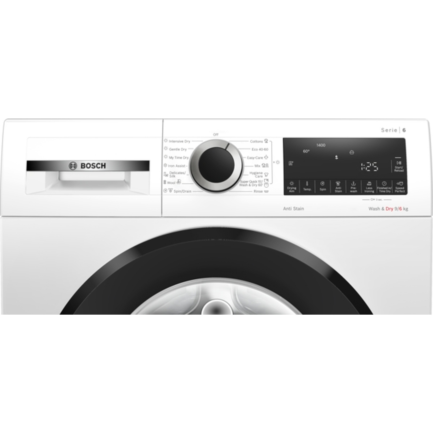 Un lave-linge blanc Bosch Série 6. Comprend un panneau de commande, un cadran, un écran et une porte noire. L'écran affiche les réglages.