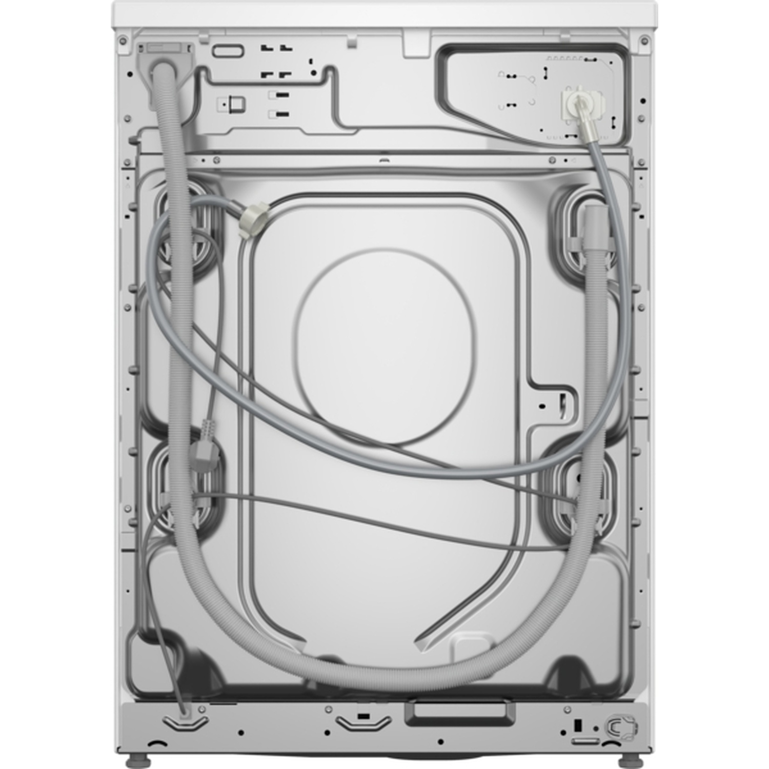 Arrière d'une machine à laver. Dos en métal blanc avec divers tubes, fils et connexions. Un grand élément circulaire central est visible.
