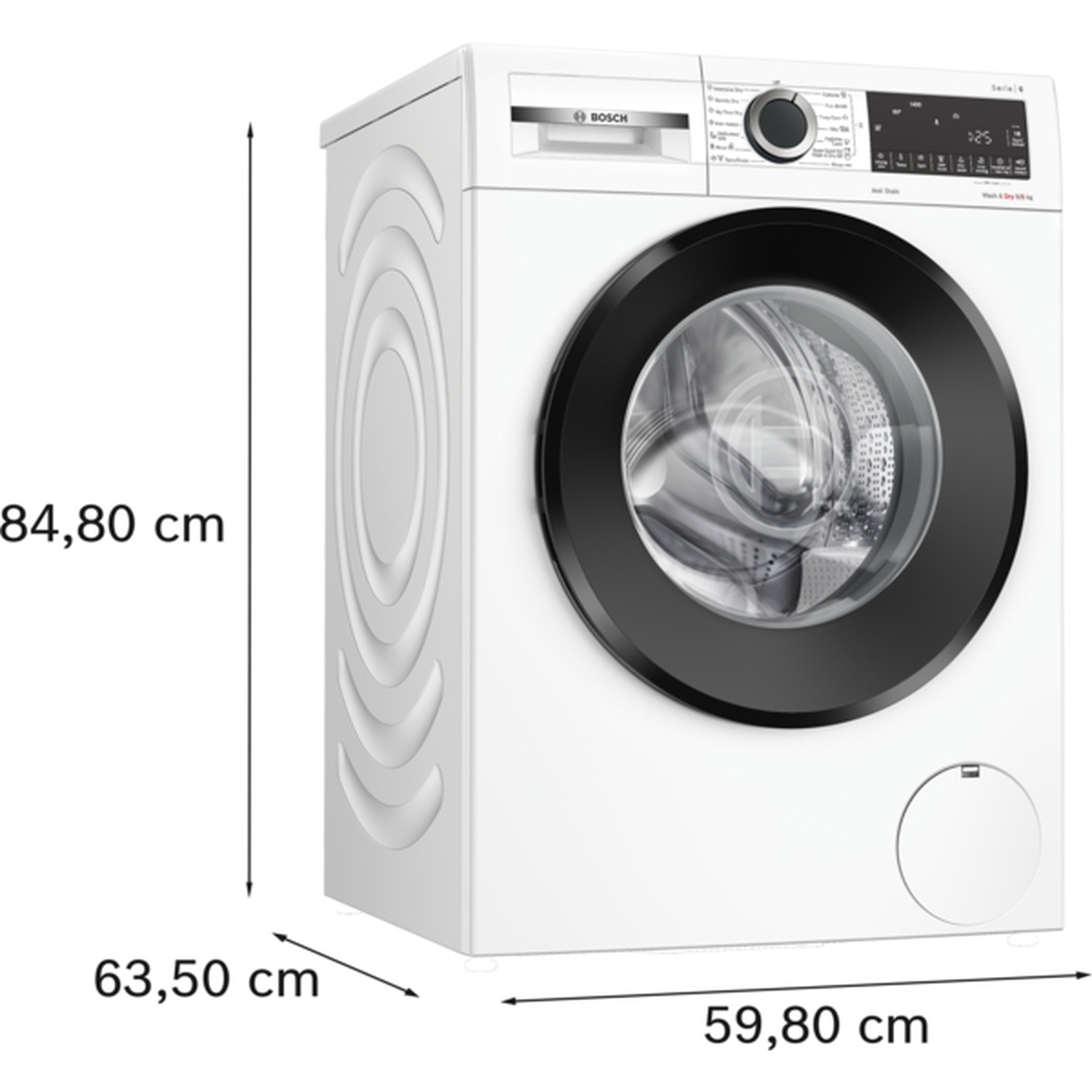 Un lave-linge Bosch blanc avec porte et panneau de commande noirs. Dimensions : 84,80 cm de haut, 63,50 cm de profondeur, 59,80 cm de large.