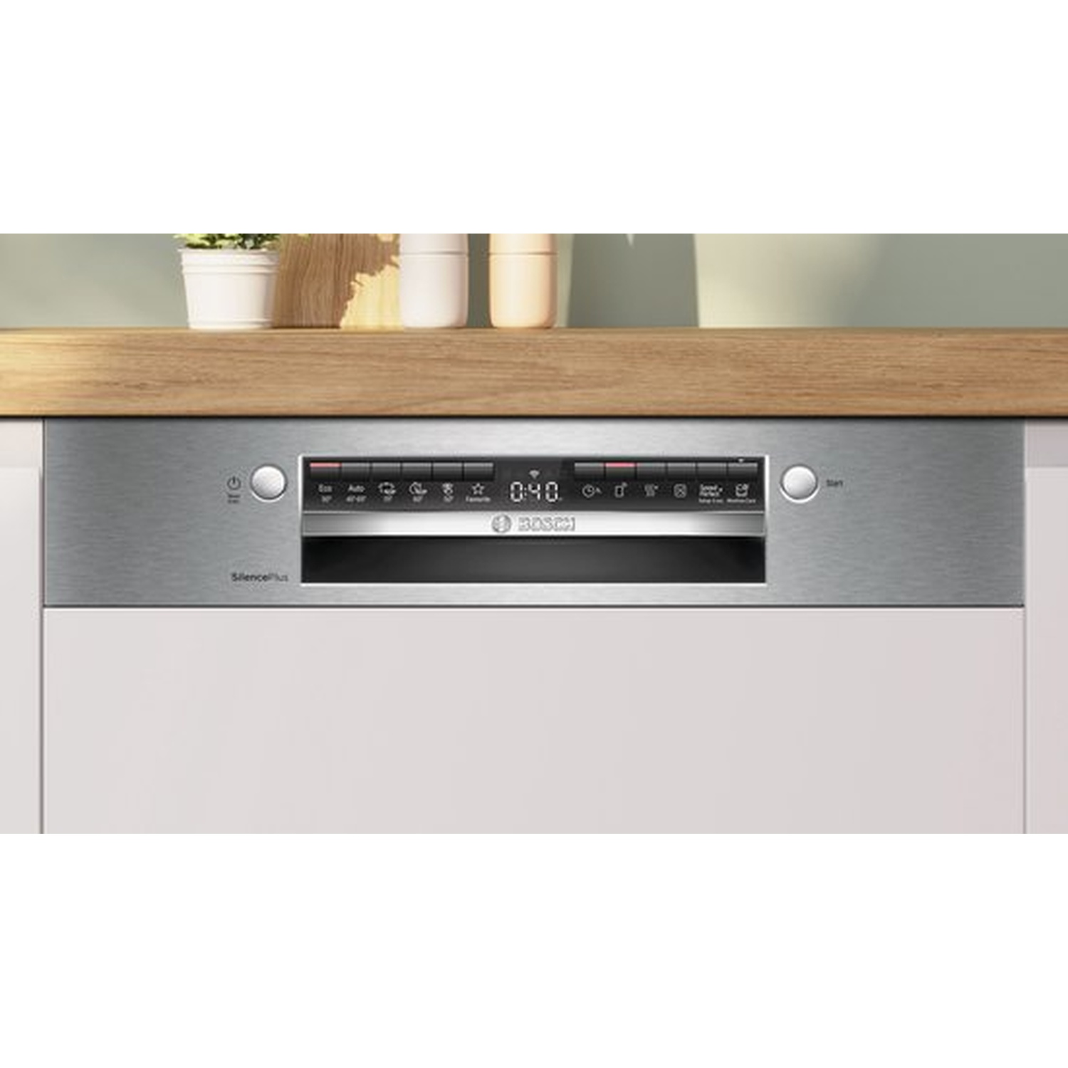 Un lave-vaisselle Bosch en acier inoxydable est présenté, avec un panneau de contrôle affichant les réglages et une minuterie. Au-dessus, un comptoir en bois.