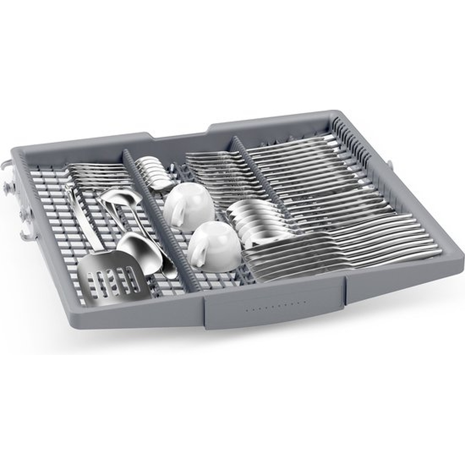 Un bac à ustensiles de lave-vaisselle gris rempli d'argenterie, de cuillères de service, de tasses et d'une spatule.