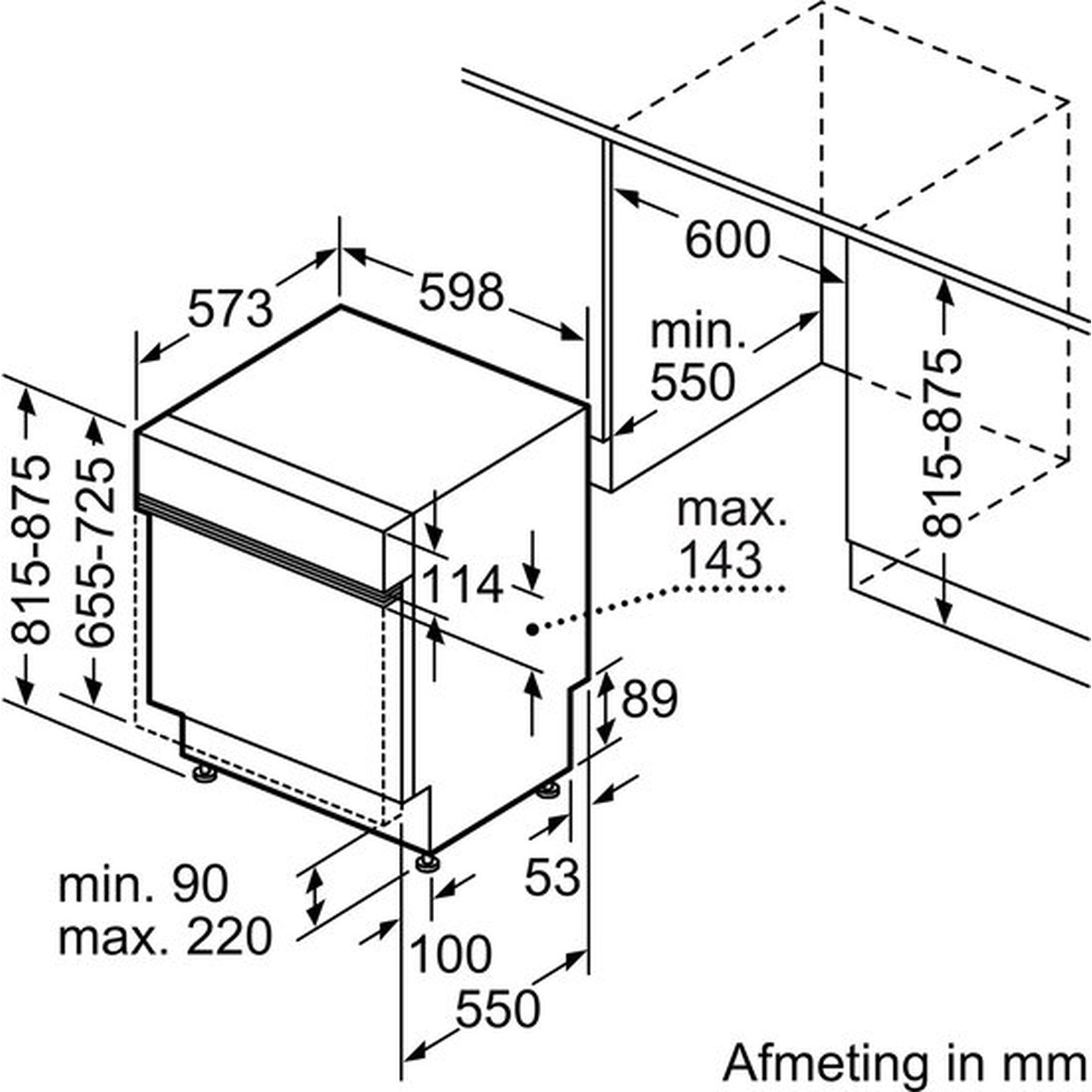 Diagramme montrant les dimensions d'un appareil de cuisine. Mesures en mm, incluant détails de hauteur, largeur et profondeur pour l'installation.