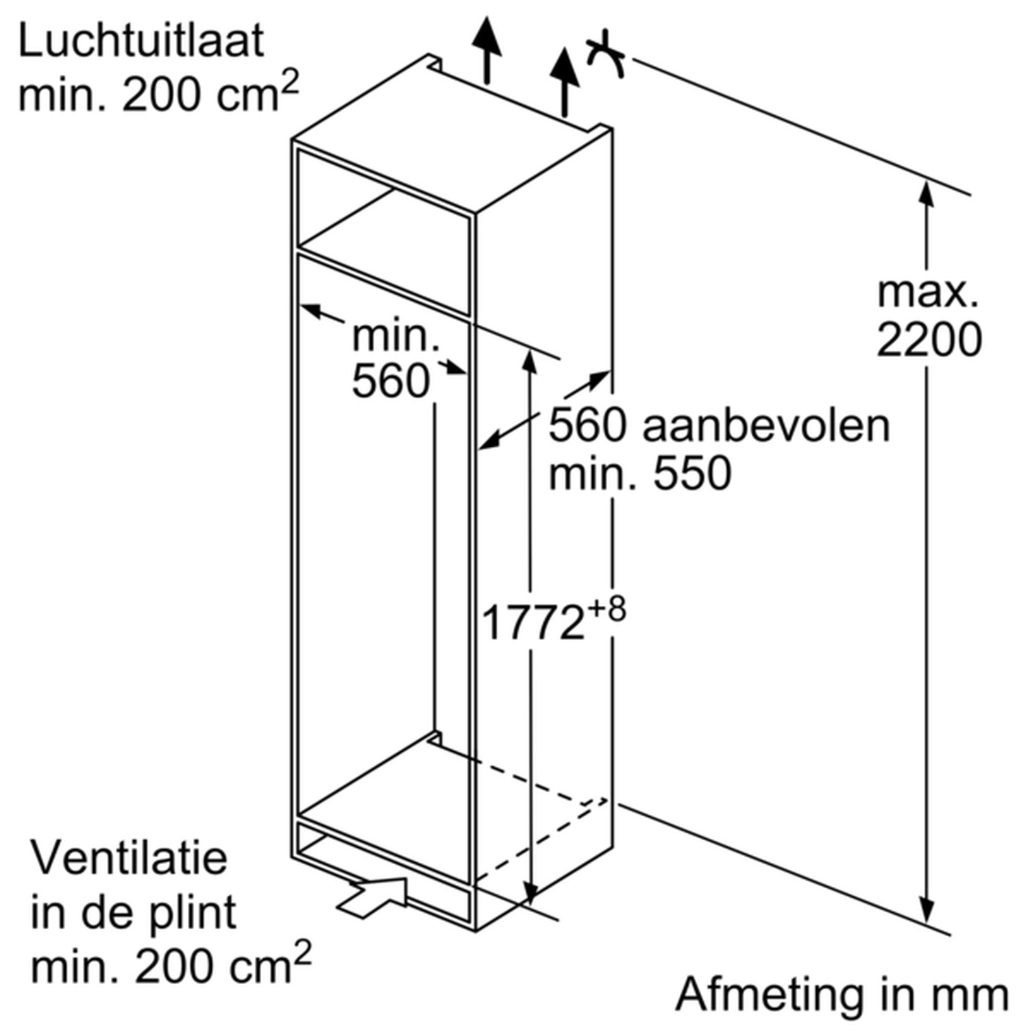 Diagramme montrant les dimensions d'une armoire : hauteur 2200 mm, largeur 560 mm et tailles d'aération.