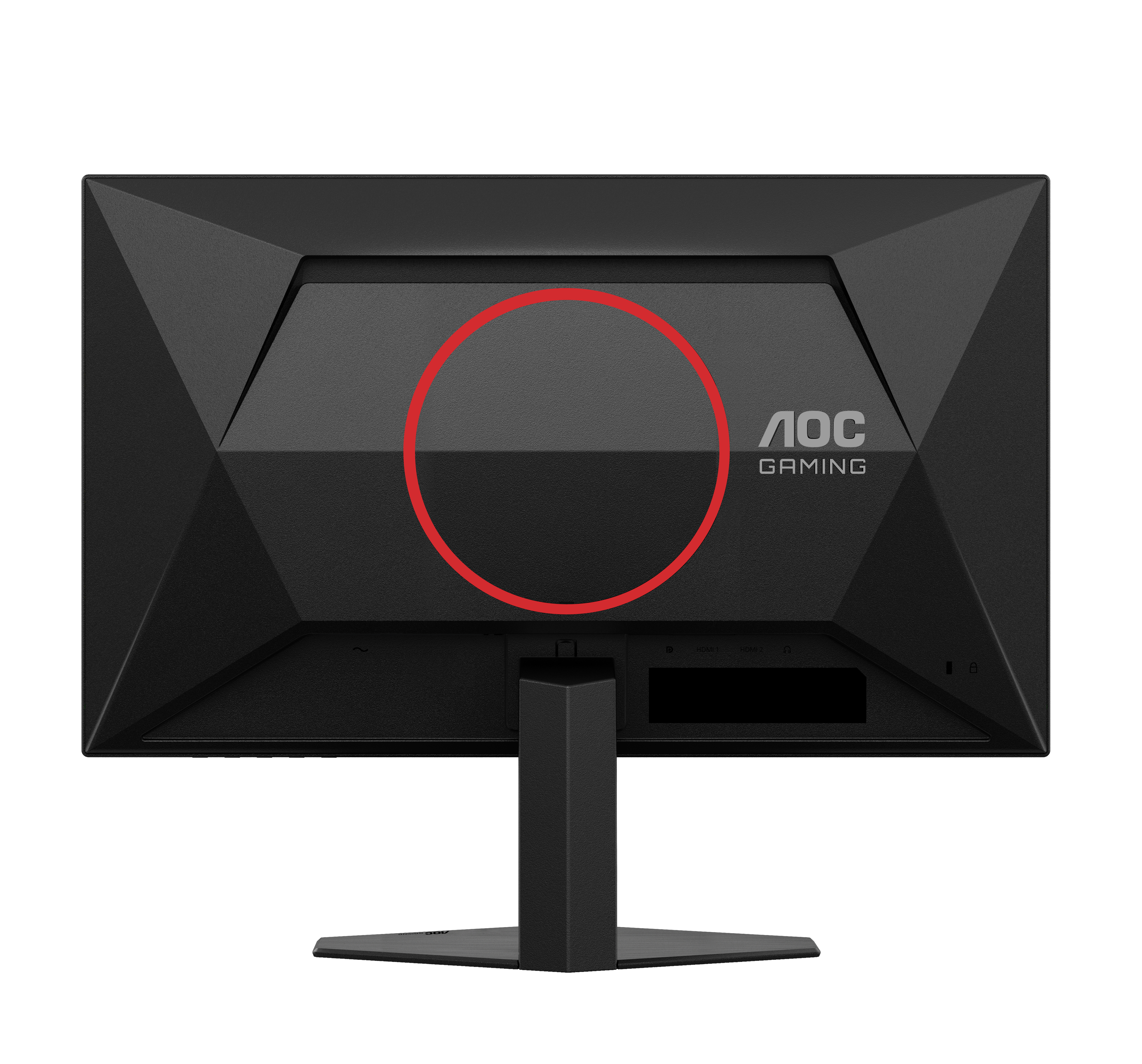 Rückseite eines schwarzen AOC-Gaming-Monitors. Der Monitor hat einen Ständer und das AOC-Gaming-Logo. Die Rückseite ist strukturiert.