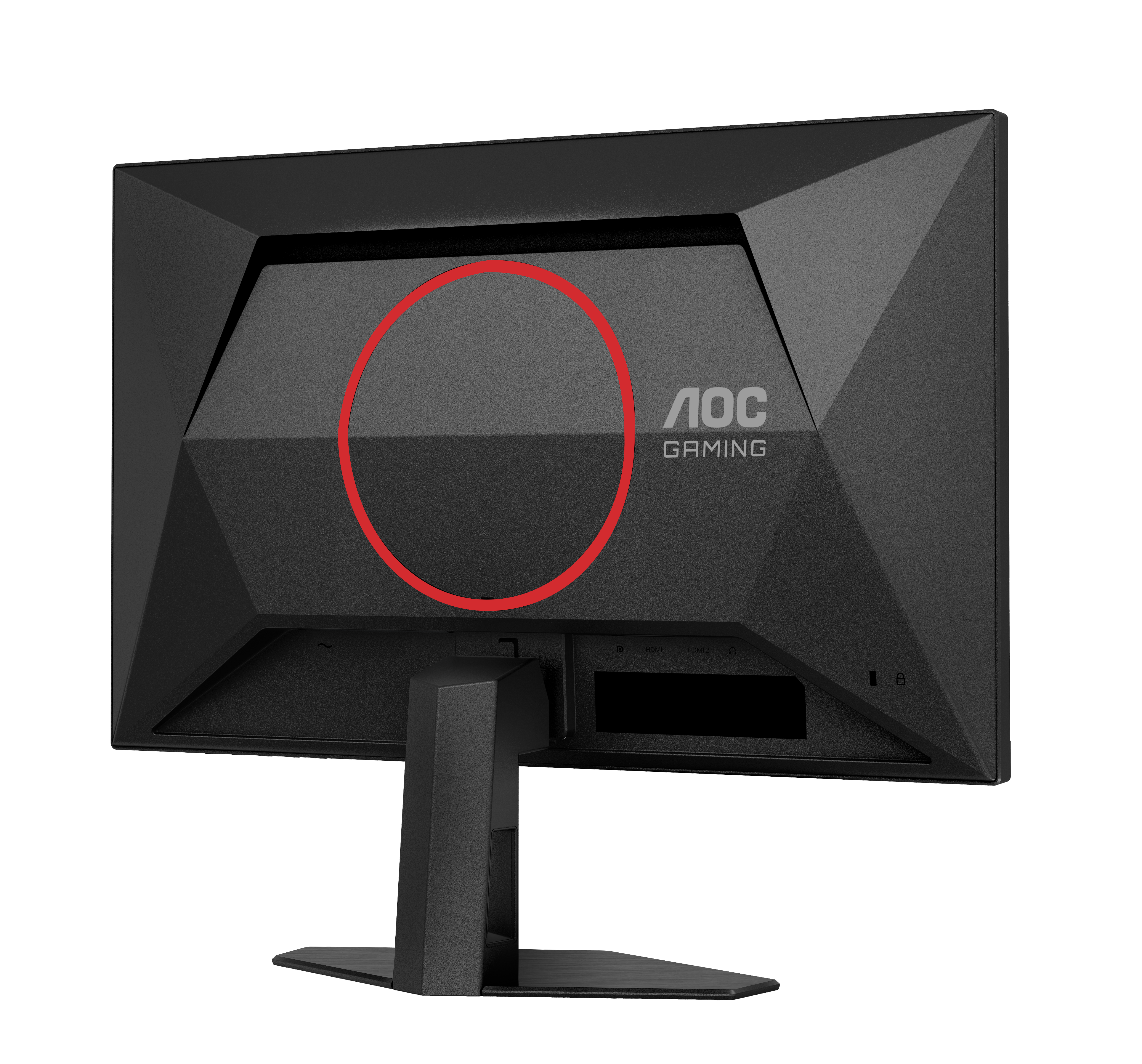 Rückseite eines schwarzen AOC-Gaming-Monitors. Der Monitor hat einen Ständer, und das AOC Gaming-Logo ist sichtbar. Ein roter Kreis markiert einen Teil des Monitors.