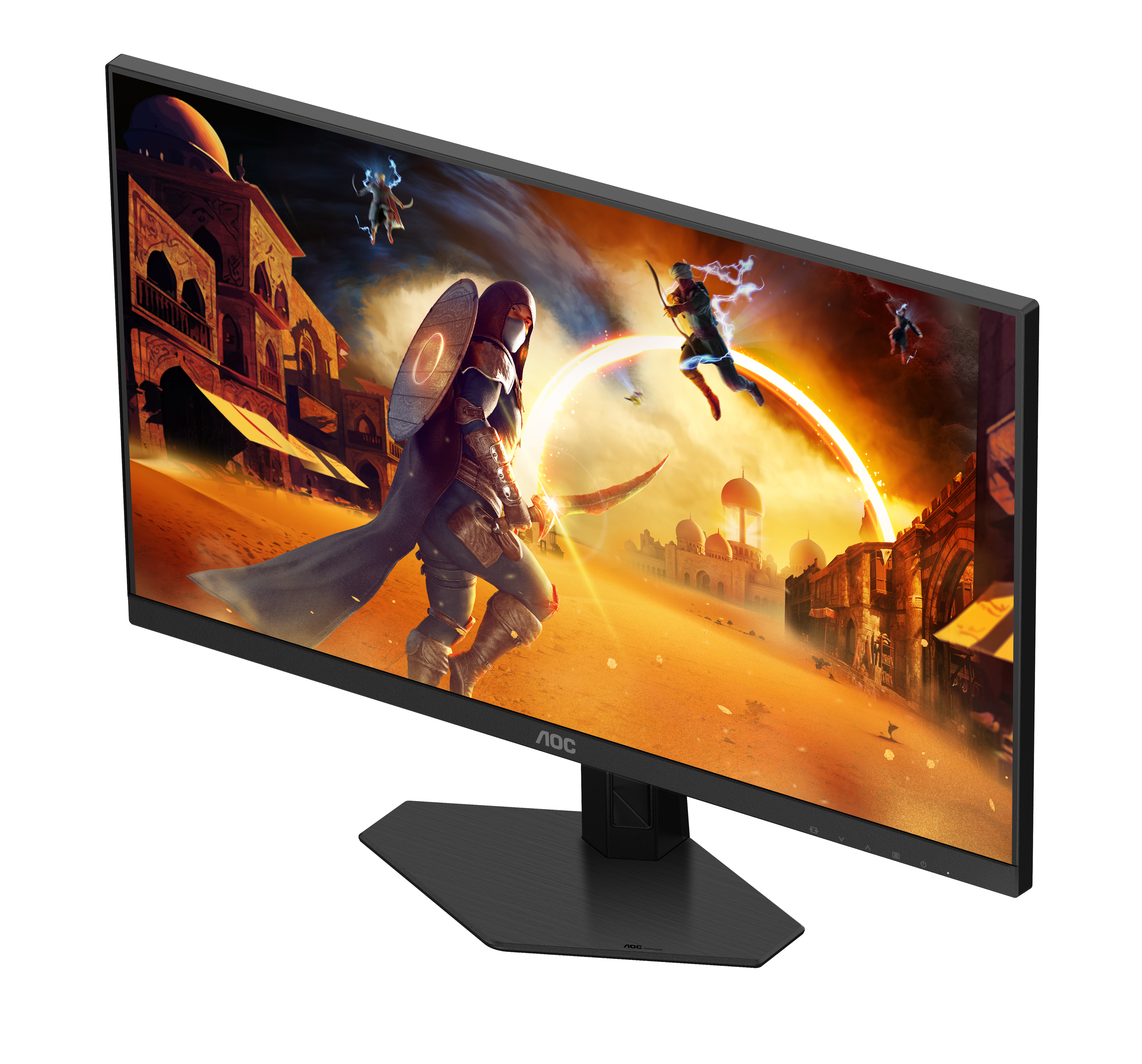 AOC-Monitor zeigt eine Fantasieszene mit Kriegern und einer Wüstenstadt. Der Monitor selbst ist schwarz, vor weißem Hintergrund.