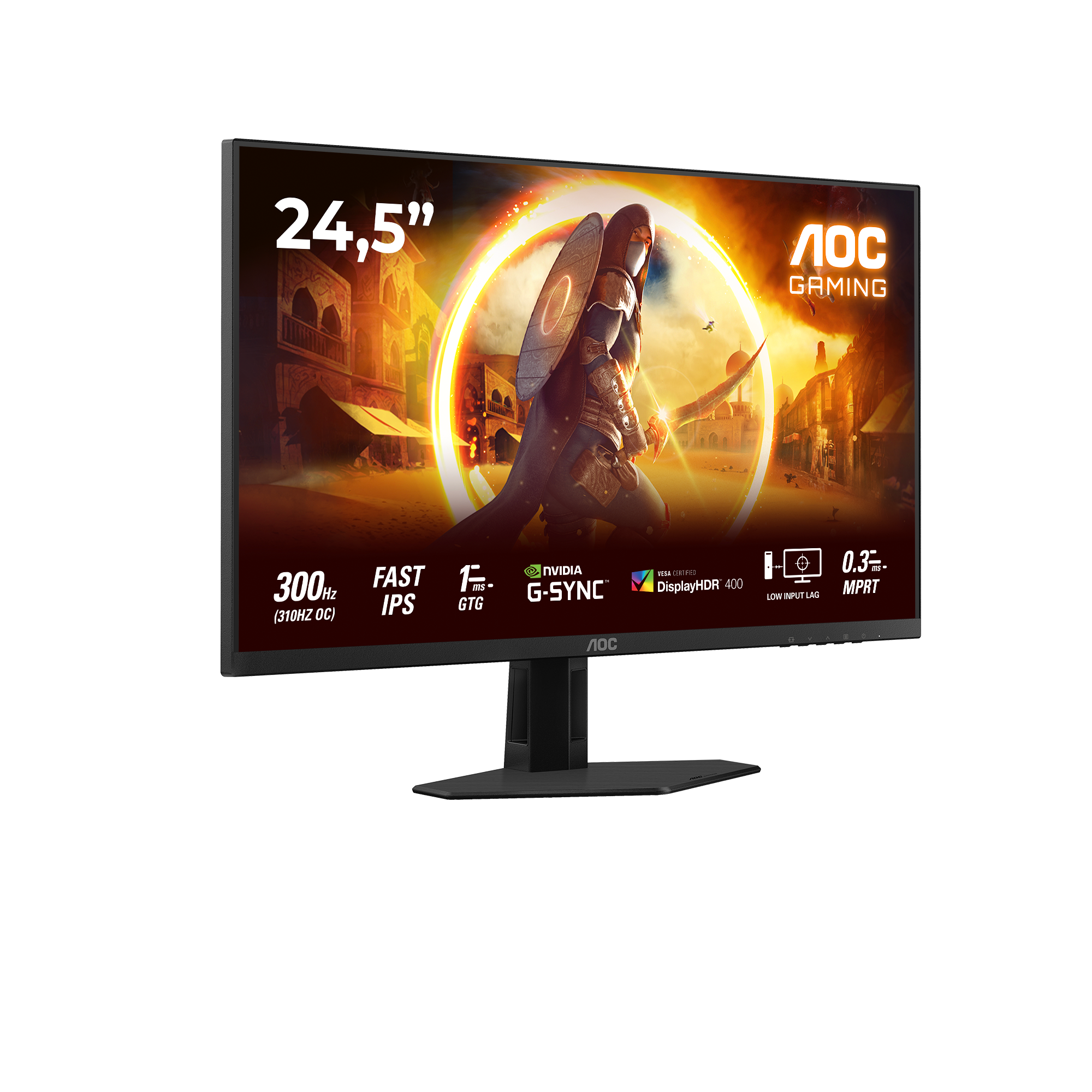 Ein AOC-Gaming-Monitor. Der Bildschirm zeigt eine Spielszene. Zu den Spezifikationen gehören 24,5", 300 Hz, Fast IPS, G-SYNC und DisplayHDR 400.
