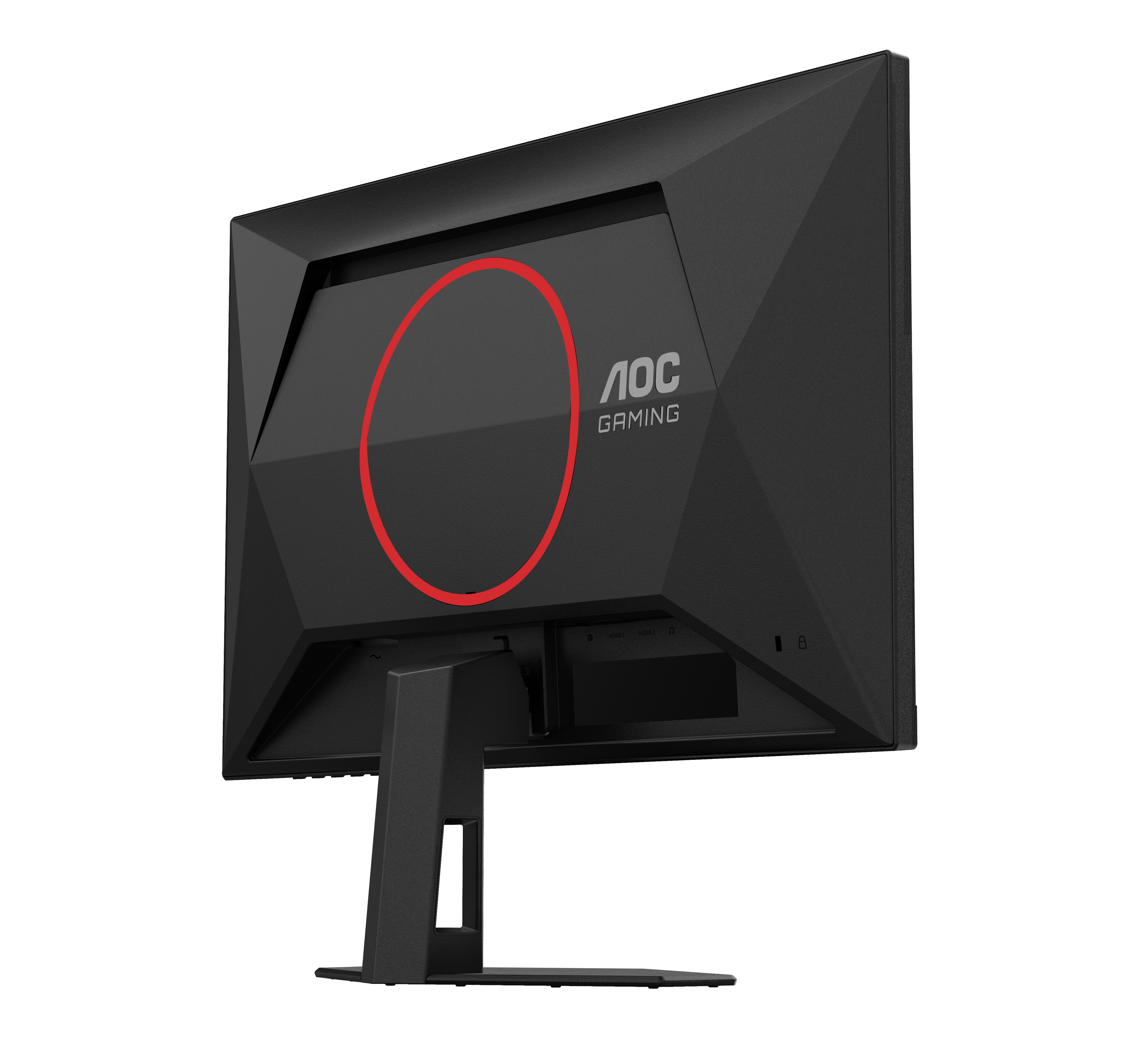 Rückseite eines schwarzen AOC-Gaming-Monitors. Ein roter Kreis befindet sich in der Mitte. AOC-Gaming-Logo ist sichtbar. Der Monitor steht auf einem Ständer.