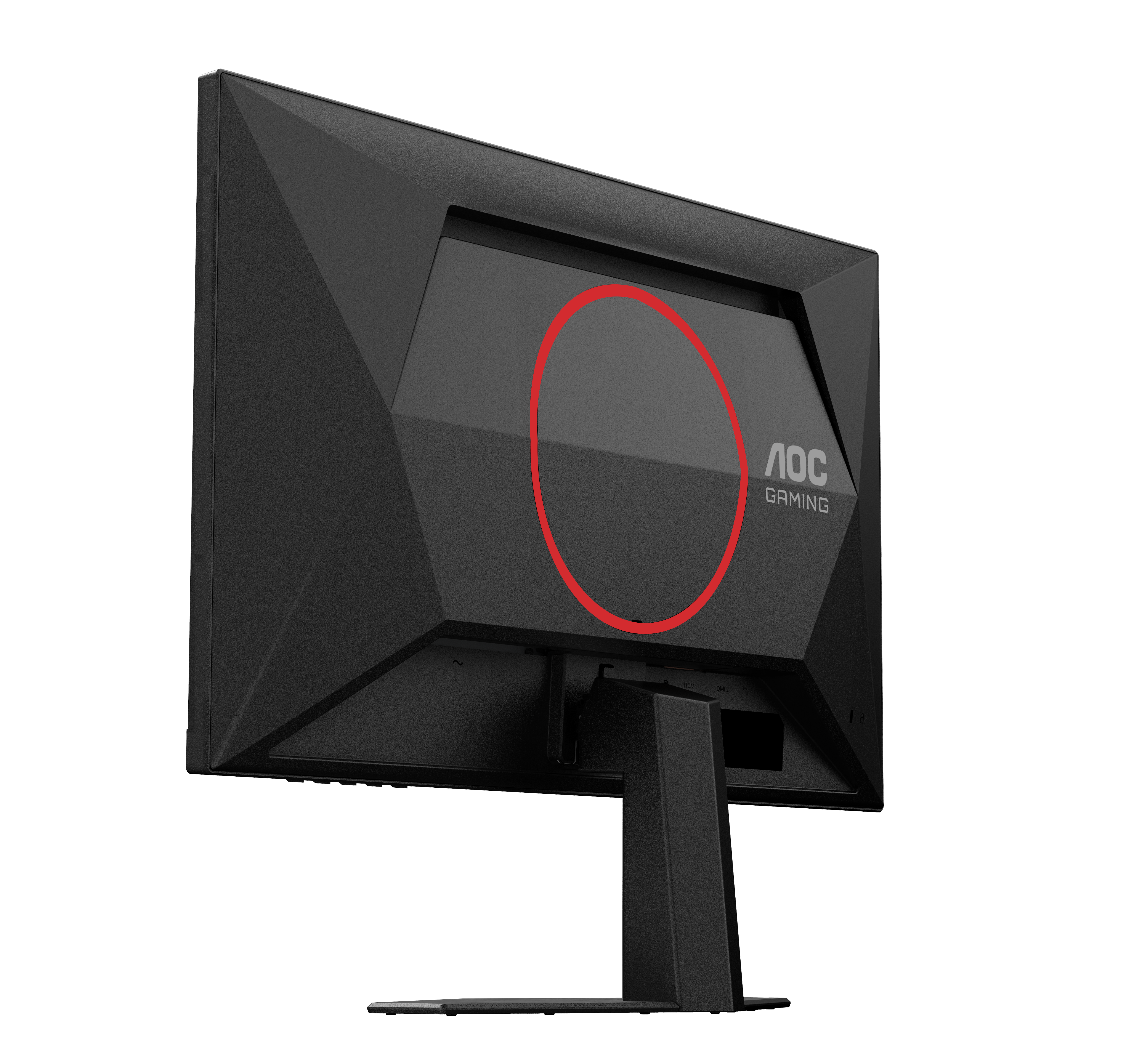 Ein schwarzer AOC-Gaming-Monitor von hinten, mit einem roten Kreis, der einen Abschnitt hervorhebt.