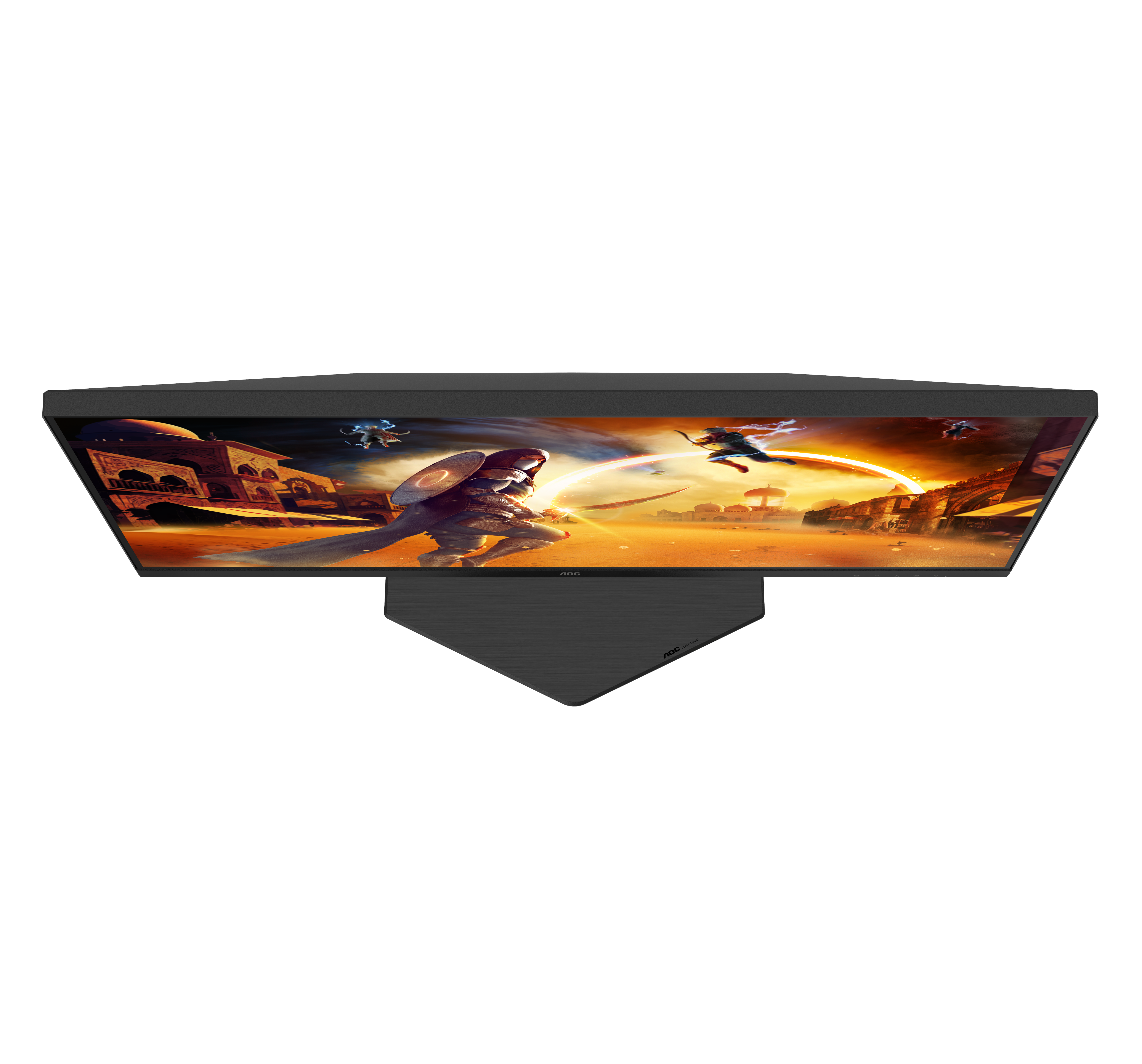 Gaming-Monitor zeigt eine Fantasieszene mit Kriegern und Strukturen. Der Monitor steht auf einem schwarzen Ständer vor schwarzem Hintergrund.