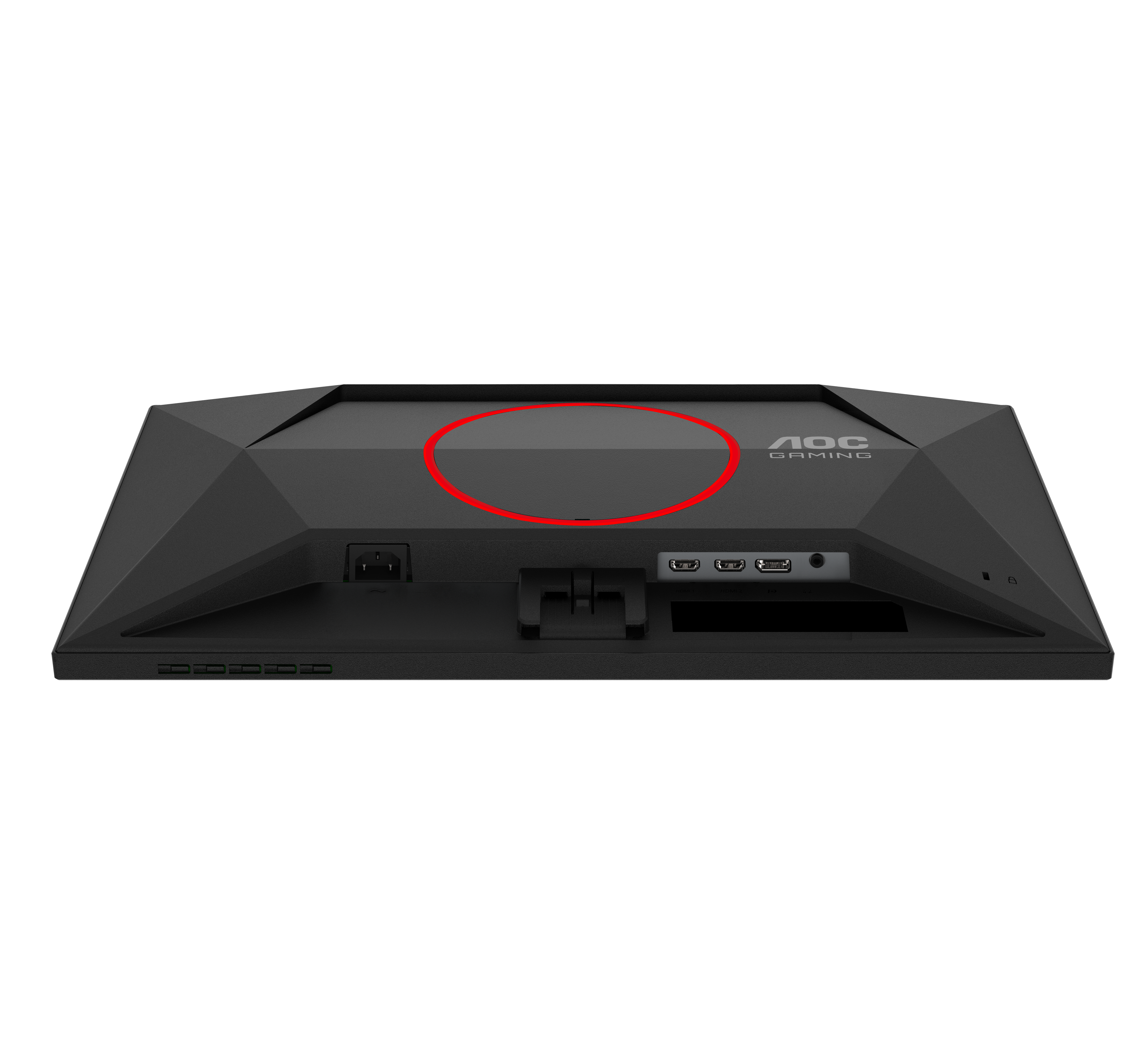 Rückansicht eines schwarzen Gaming-Monitors mit Anschlüssen und dem AOC Gaming-Logo vor schwarzem Hintergrund.