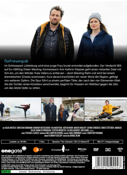 Filmcover: Zwei Personen im Vordergrund. Text: 'Ostfriesengrab'. Darunter Schauspieler. Text und Logos unten.