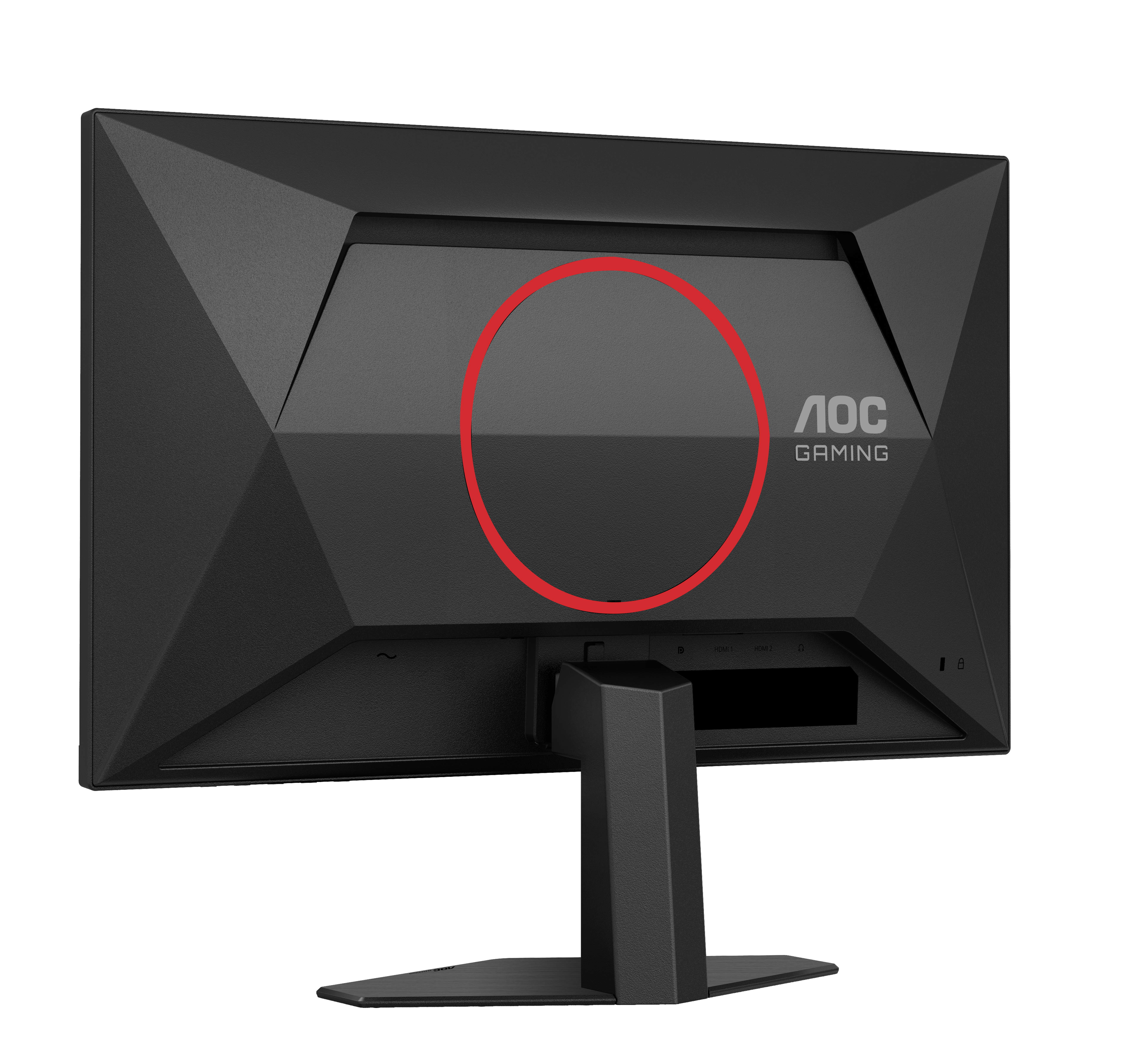 Rückansicht des schwarzen AOC-Gaming-Monitors. Mit schwarzem Ständer und strukturierter Verkleidung. Das AOC-Logo ist sichtbar. Ein roter Kreis ist darauf gezeichnet.