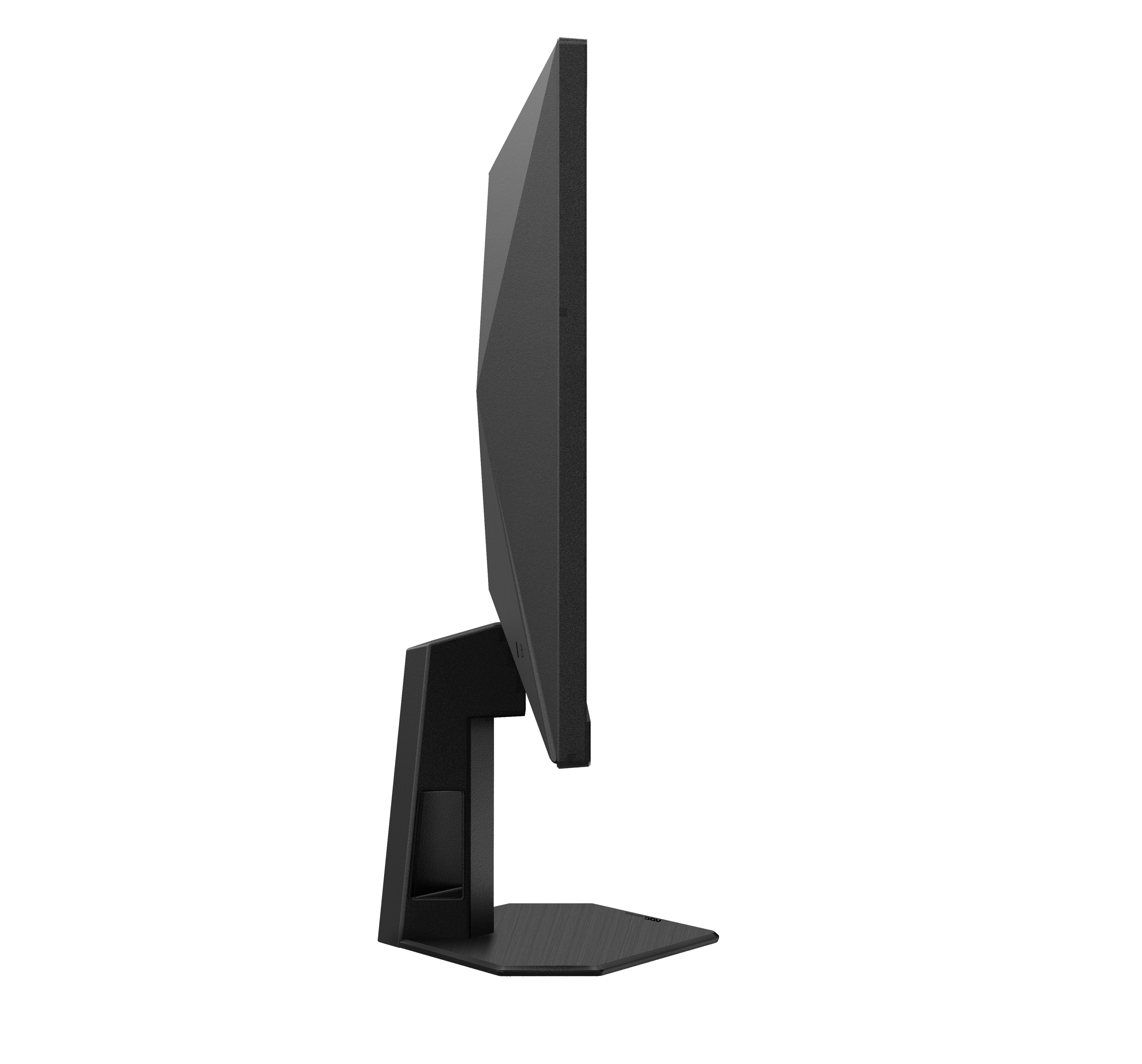 Seitenansicht eines schwarzen Computermonitors mit Ständer, vor schwarzem Hintergrund.