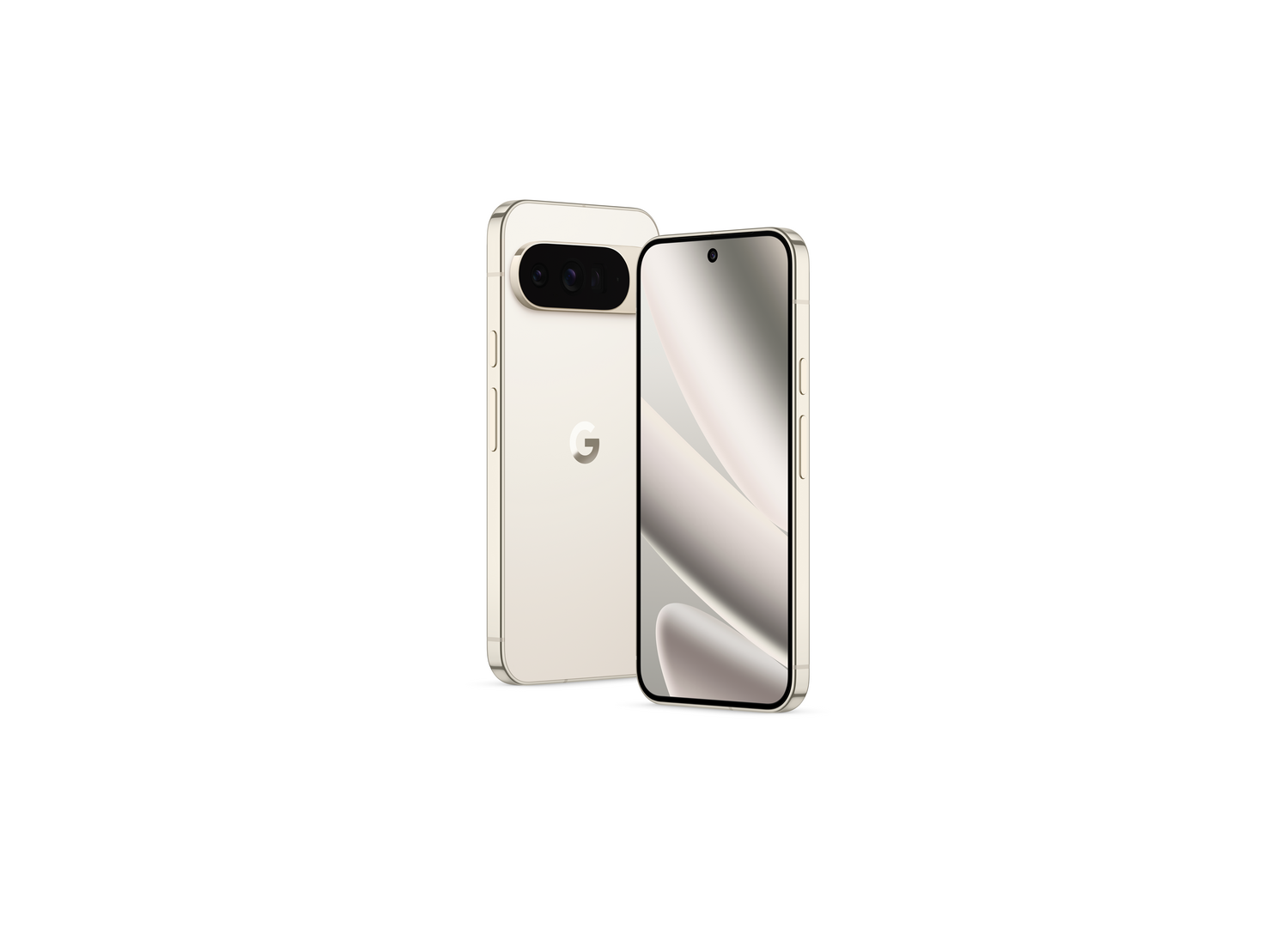 Dos smartphones dorados sobre fondo blanco. Uno muestra su pantalla, el otro su parte trasera con lentes de cámara y el logo de Google.