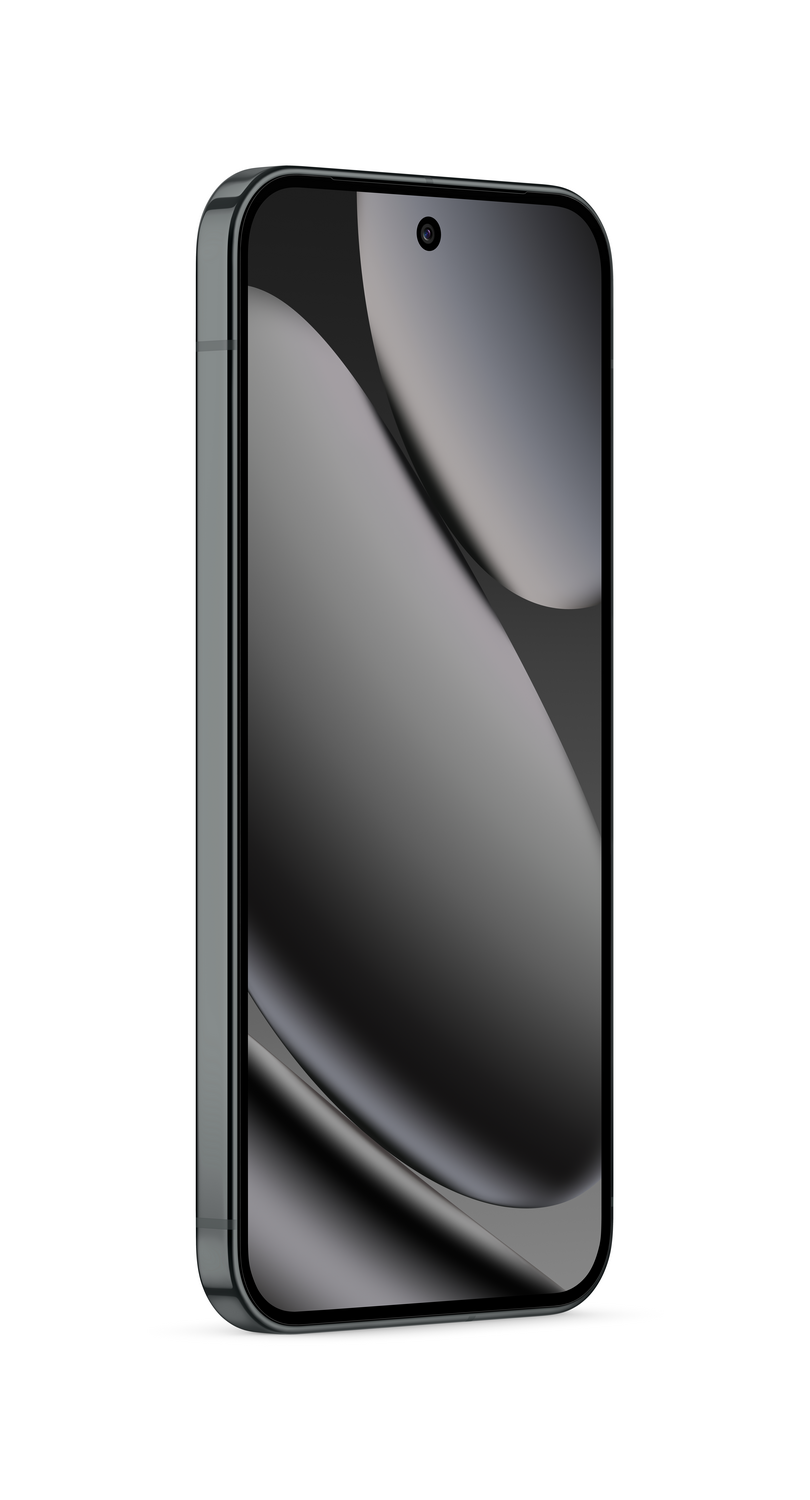 Una representación 3D de un teléfono inteligente gris oscuro sobre un fondo blanco. La pantalla muestra un degradado oscuro con una cámara en la parte superior.
