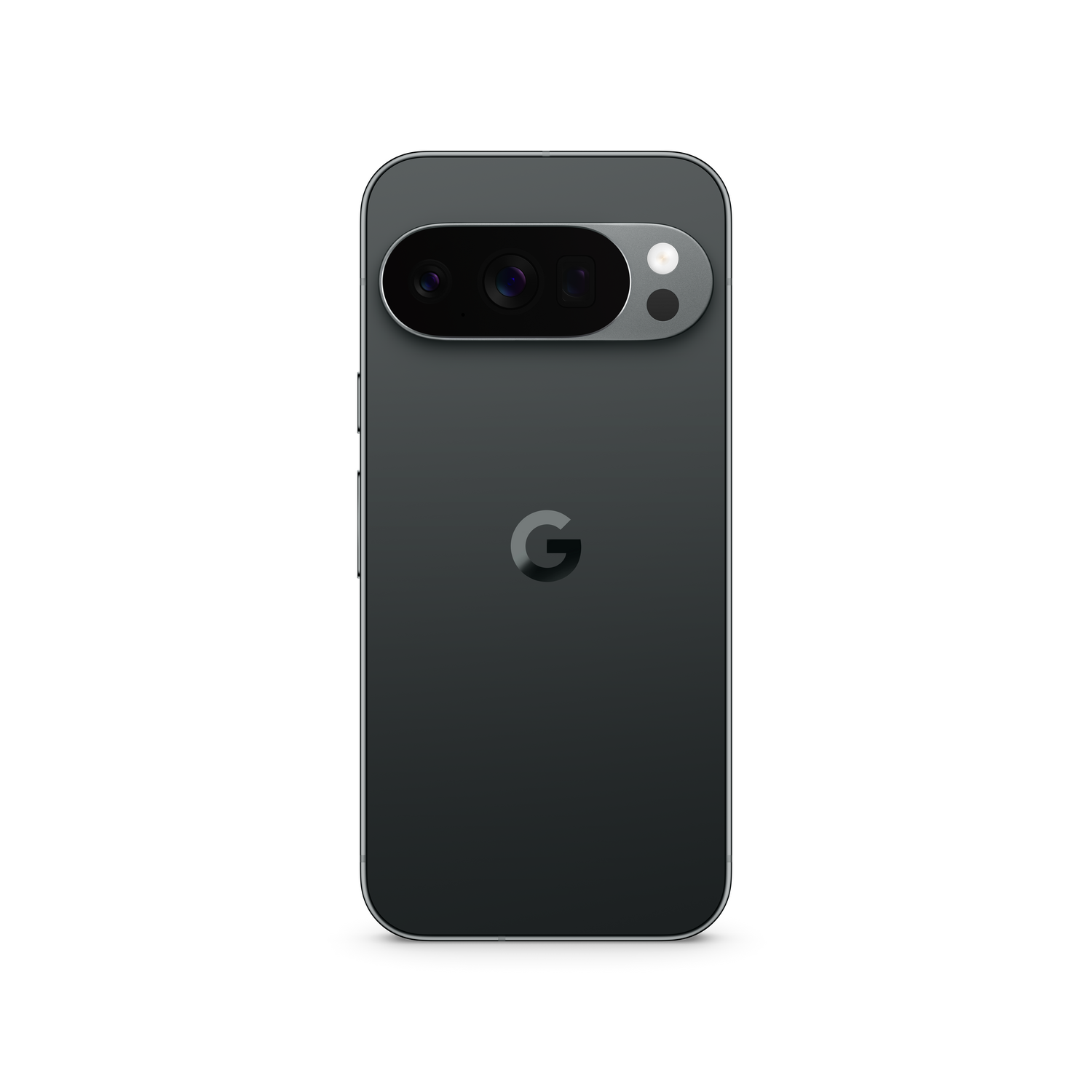 Un smartphone gris oscuro con una barra de cámara, dos lentes y un flash. El logotipo de Google 'G' está centrado.