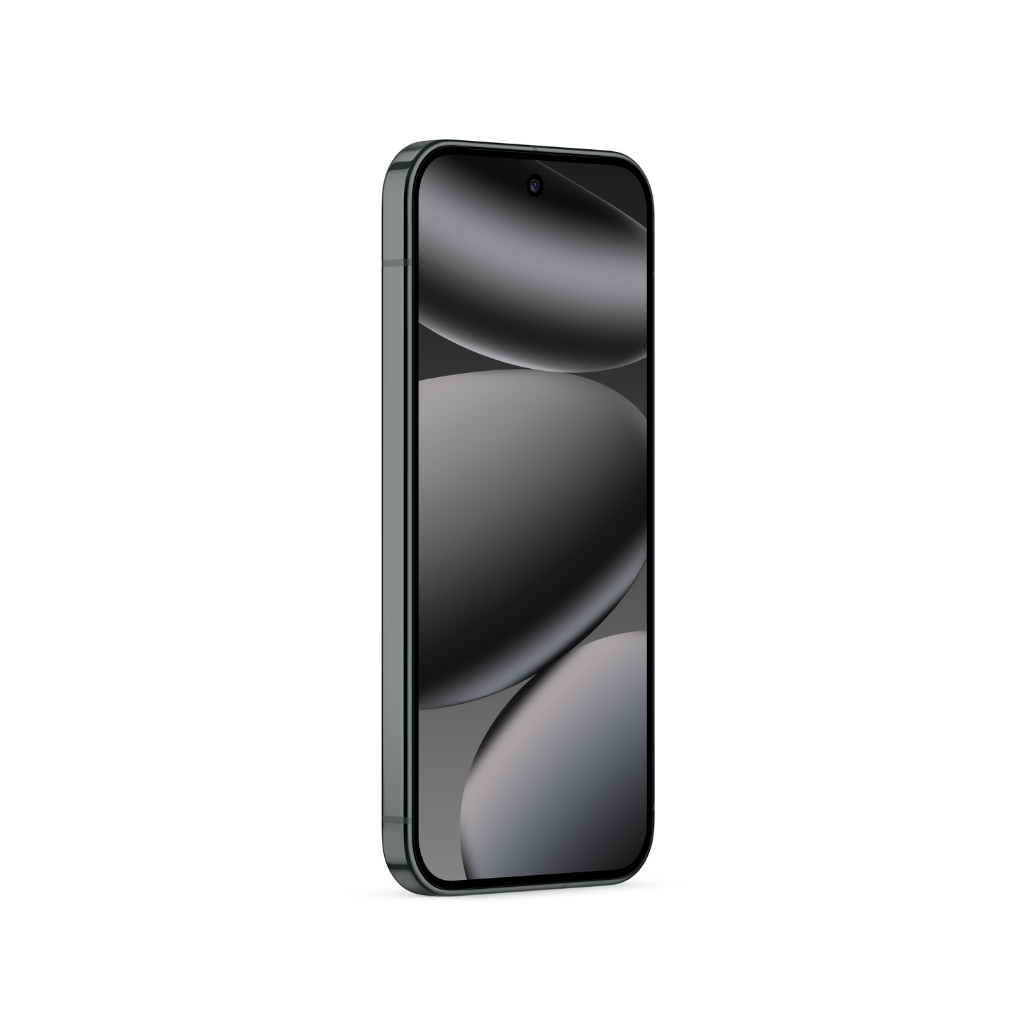 Un smartphone inclinado. La pantalla muestra un degradado gris. El teléfono tiene un marco negro y una cámara.