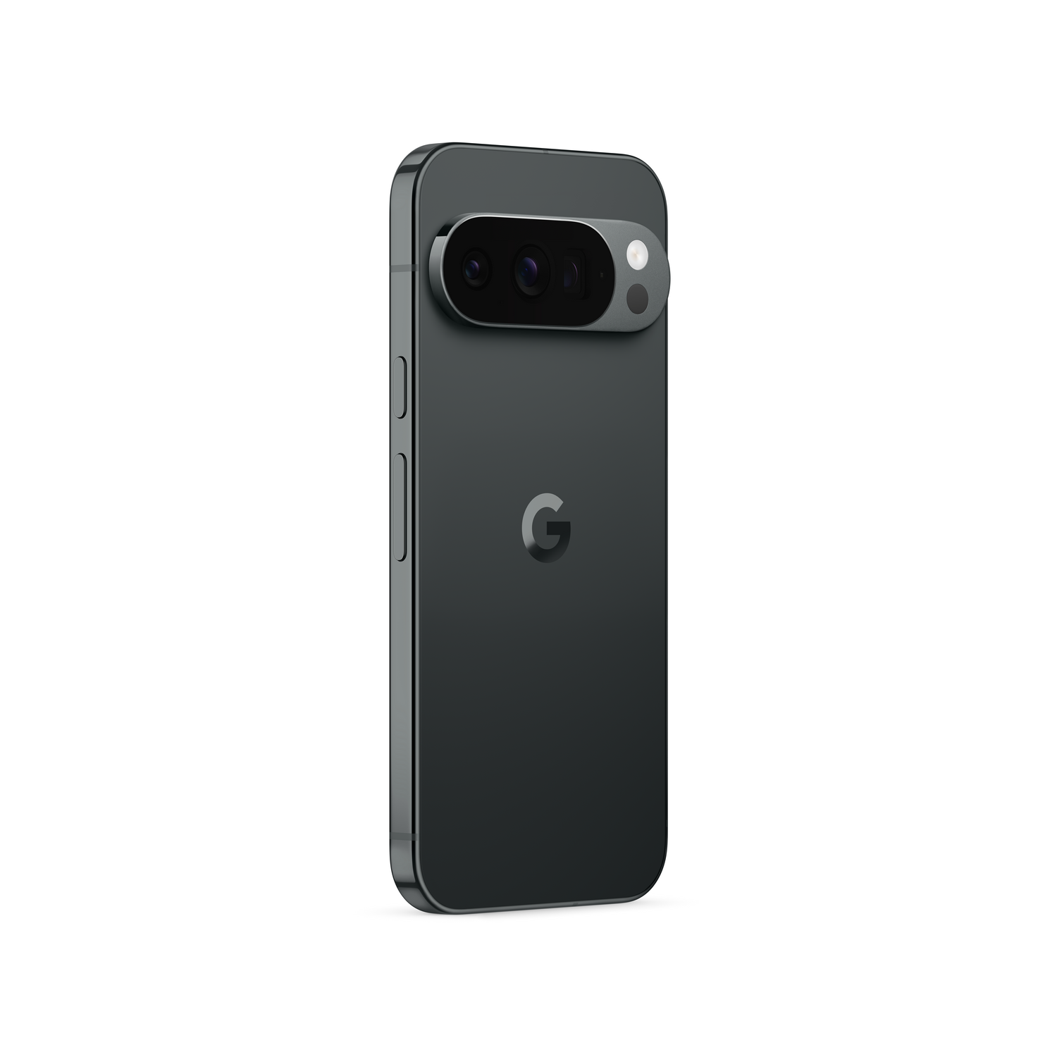 Un teléfono inteligente negro con cámara de doble lente, flash y el logotipo de Google. El teléfono está sobre un fondo blanco.