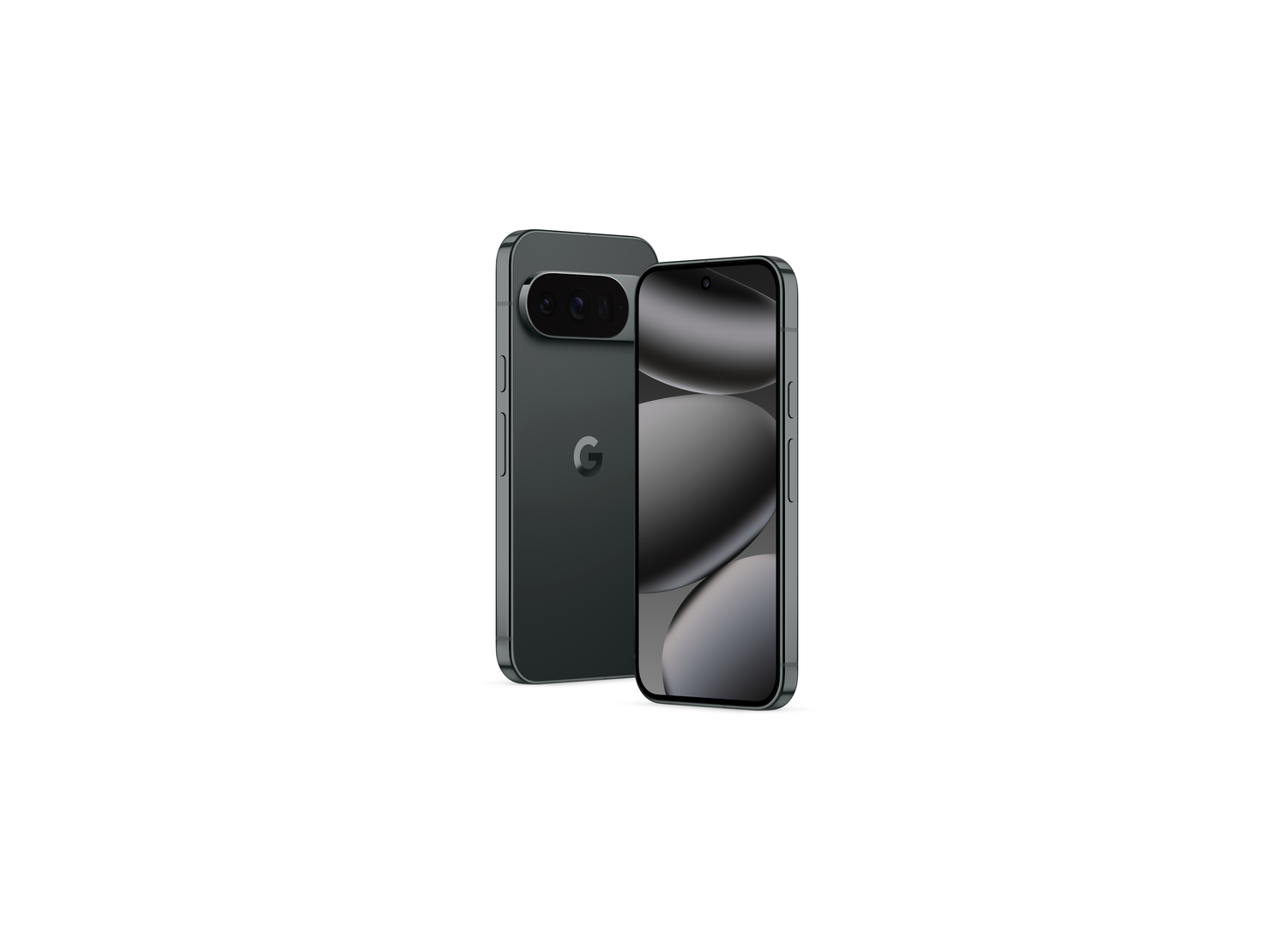 Dos smartphones grises oscuros sobre fondo blanco. Uno muestra pantalla, el otro tiene cámaras y logo Google.