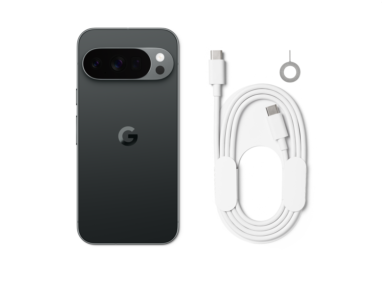 Un teléfono Google Pixel gris oscuro, cable USB-C, herramienta de expulsión SIM y fondo blanco.