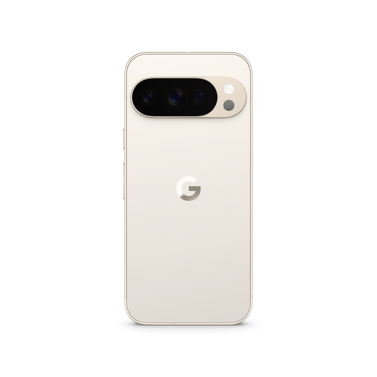 Un teléfono inteligente dorado con una barra de cámara y el logotipo de Google. El teléfono está sobre un fondo blanco.