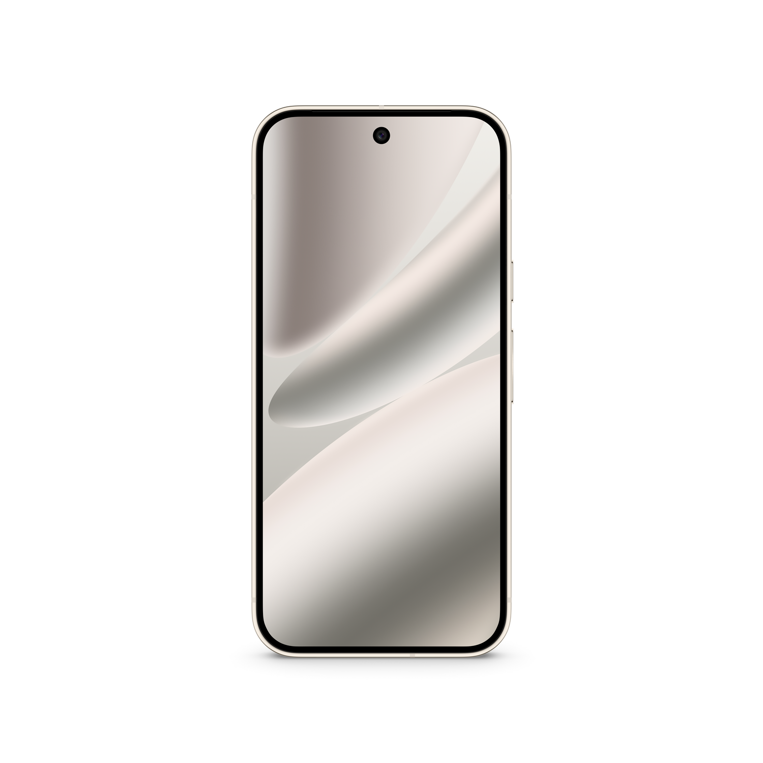 Un smartphone con pantalla beige claro muestra un patrón degradado. Tiene un marco delgado de color dorado y una cámara en la parte superior.