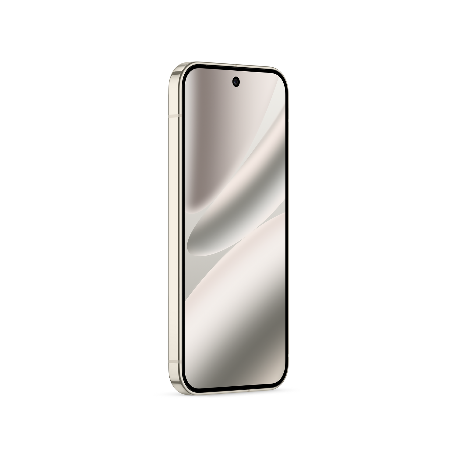 Un smartphone con marco dorado y pantalla gris claro, sobre fondo blanco. La pantalla tiene una cámara.