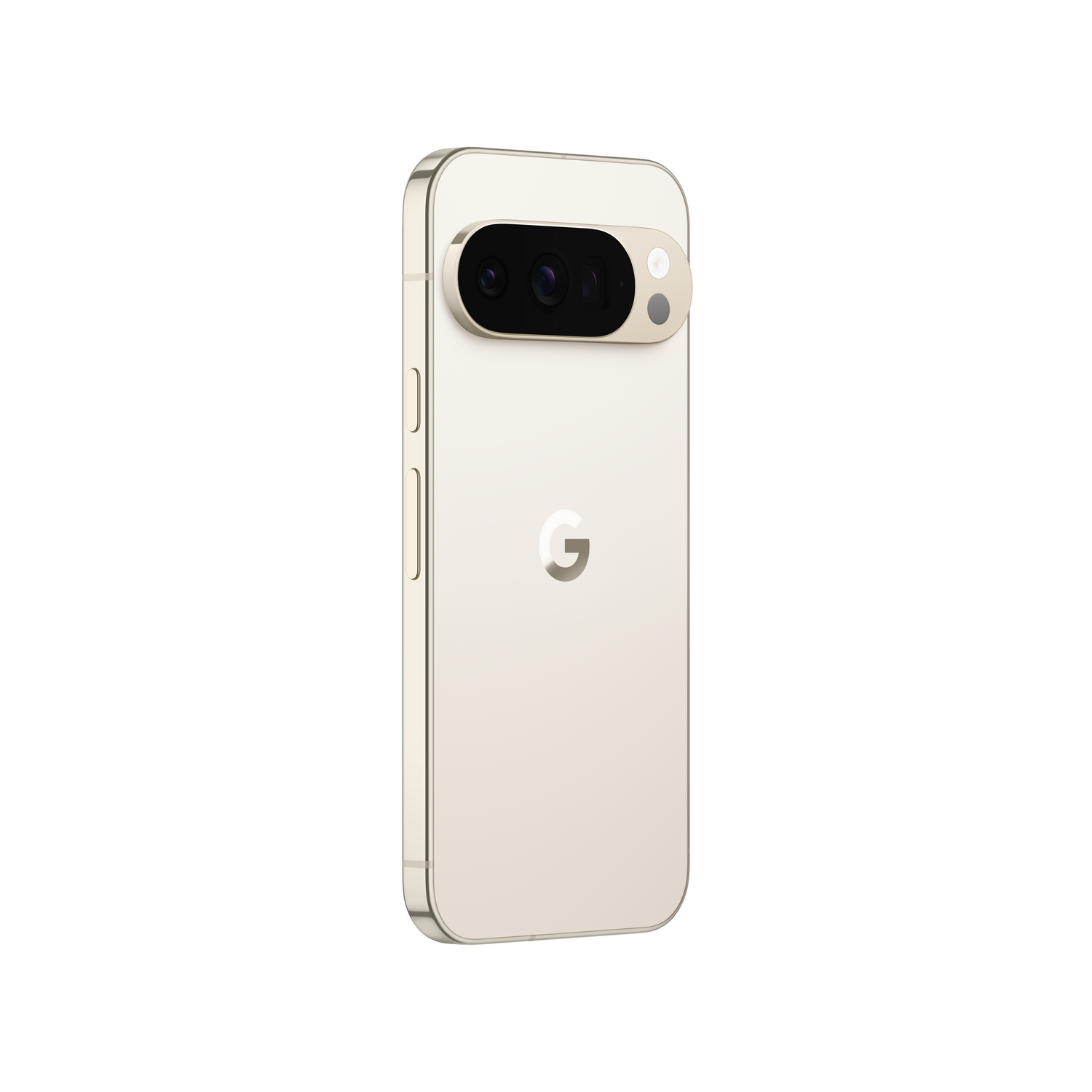 Un smartphone dorado, vista trasera. Tiene una barra de cámara con dos lentes y un flash. El logotipo de Google es visible.