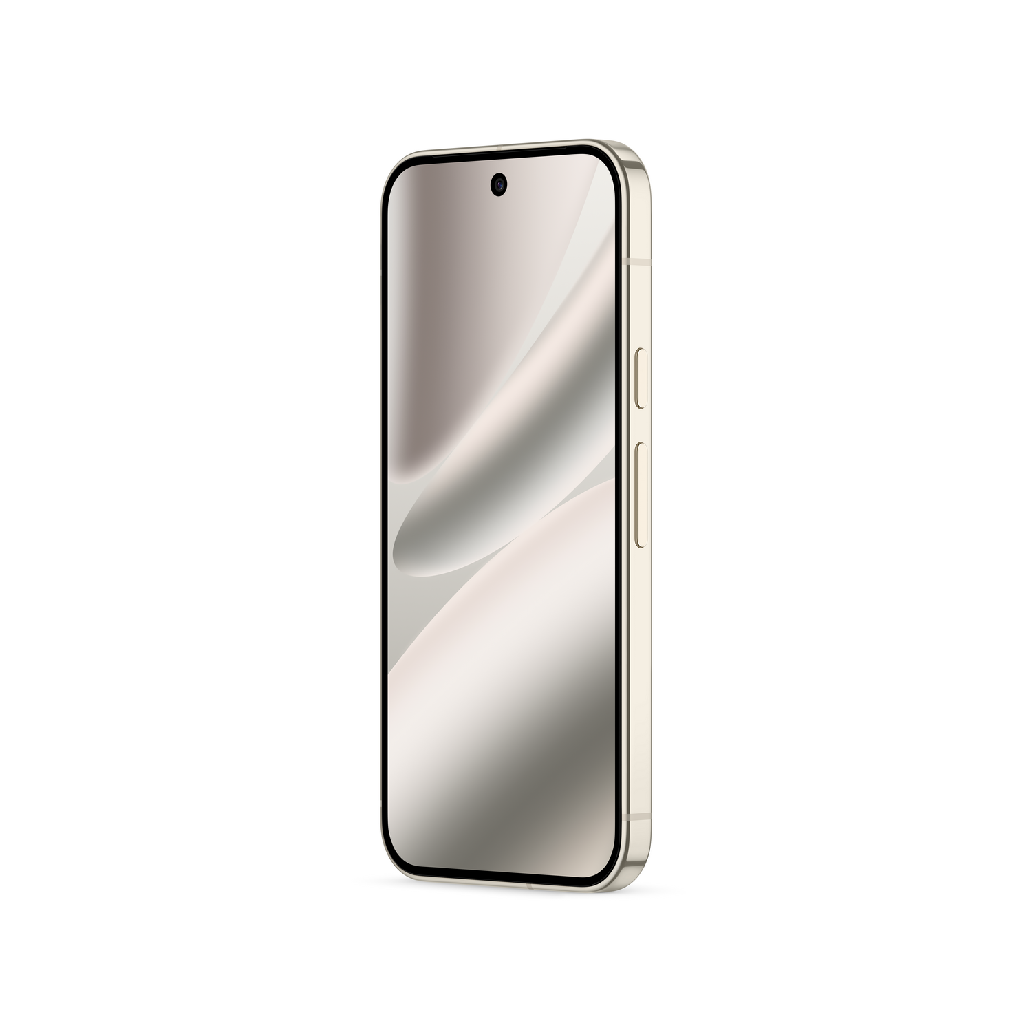 Un teléfono inteligente dorado se muestra en ángulo sobre un fondo blanco. La pantalla muestra una superficie clara y reflectante.