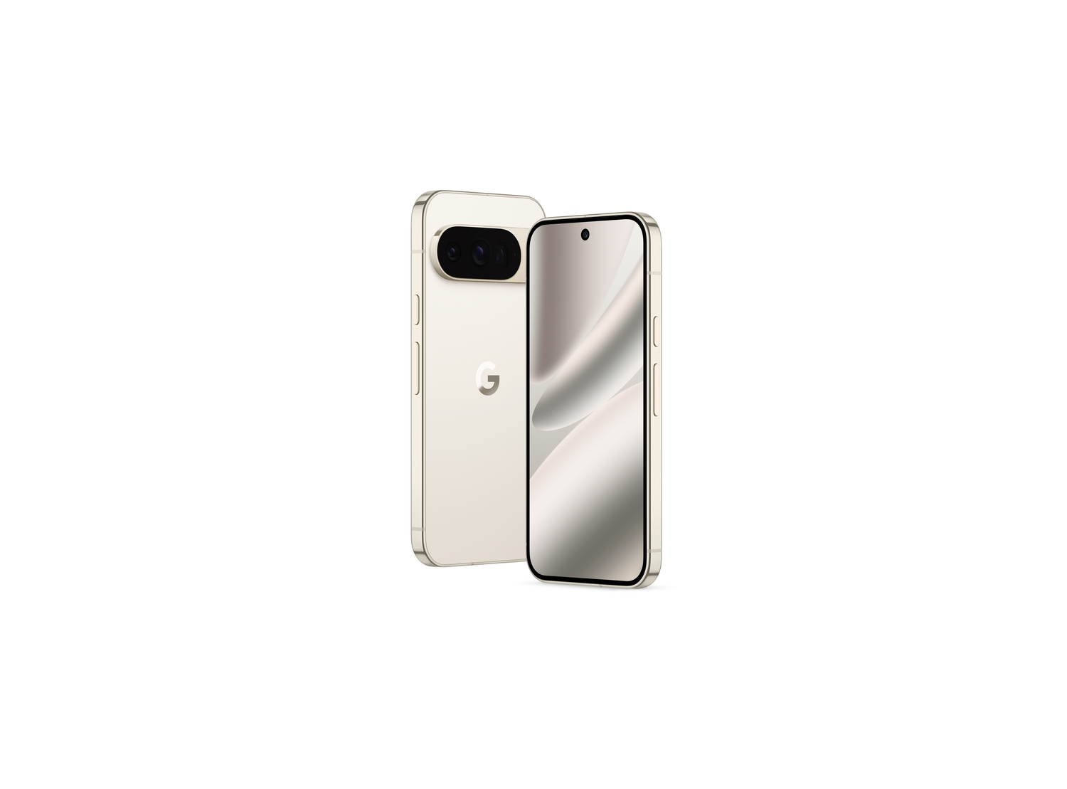 Se muestran dos teléfonos inteligentes beige. Uno está en ángulo, mostrando la pantalla. El otro, un poco detrás, muestra la matriz de la cámara y el logo de Google.