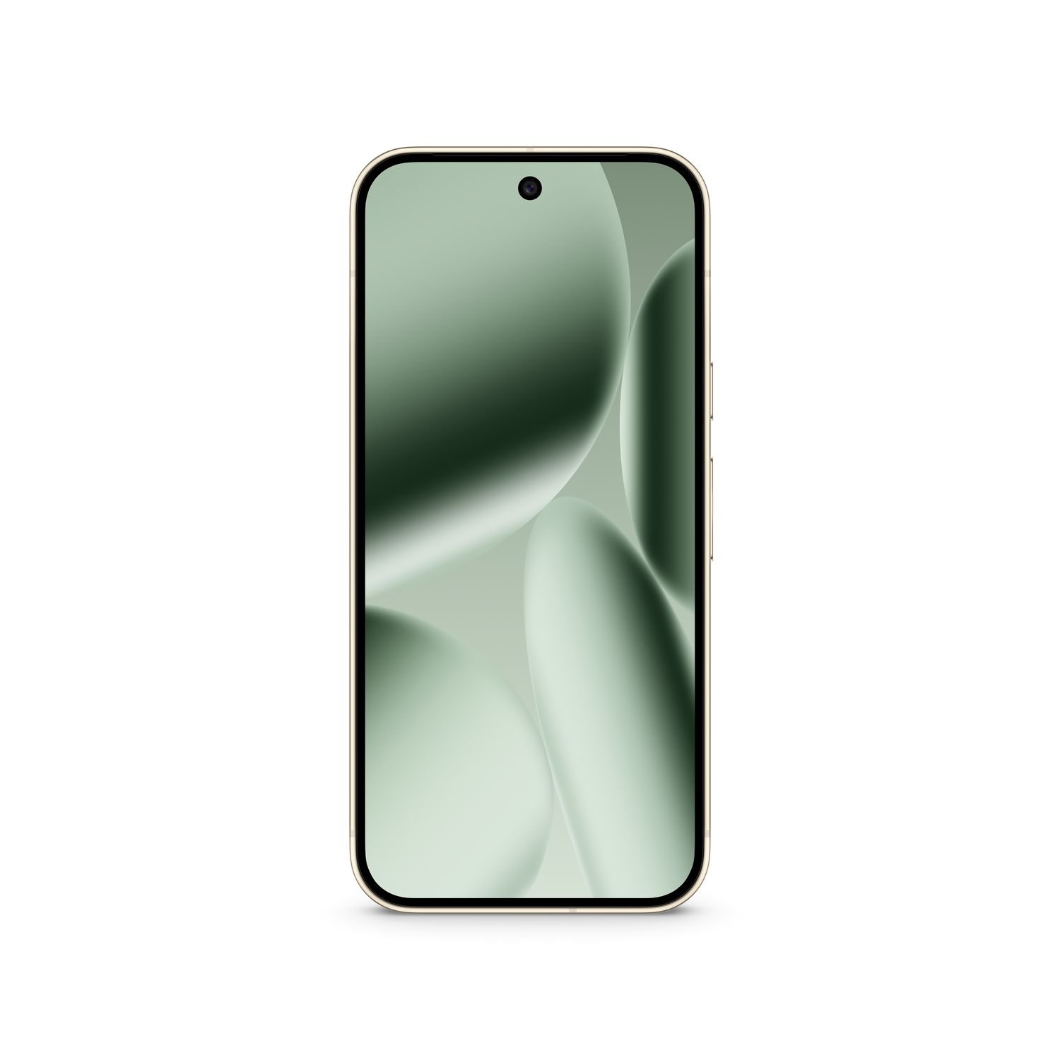 Un teléfono inteligente con marco dorado y pantalla negra. La pantalla muestra formas abstractas verdes. El fondo es blanco.