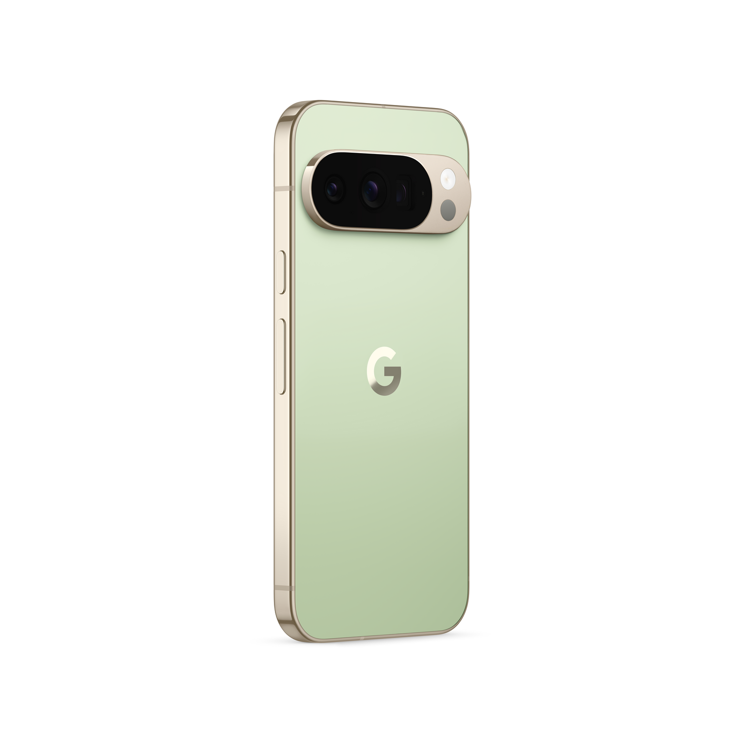 Teléfono Google Pixel verde sobre blanco. Tiene una barra de cámara, marco dorado y un logotipo 'G'. Vista en ángulo, lado trasero visible.