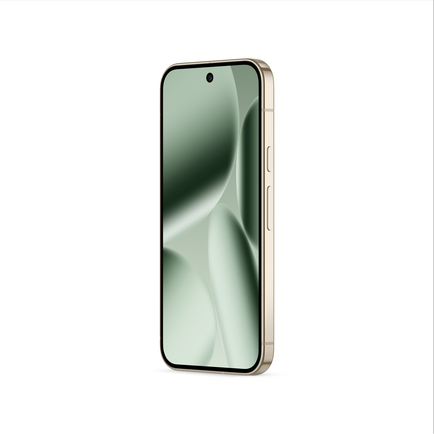Un teléfono inteligente dorado se muestra en ángulo. La pantalla muestra un fondo de gradiente verde. El teléfono tiene botones en el lateral.