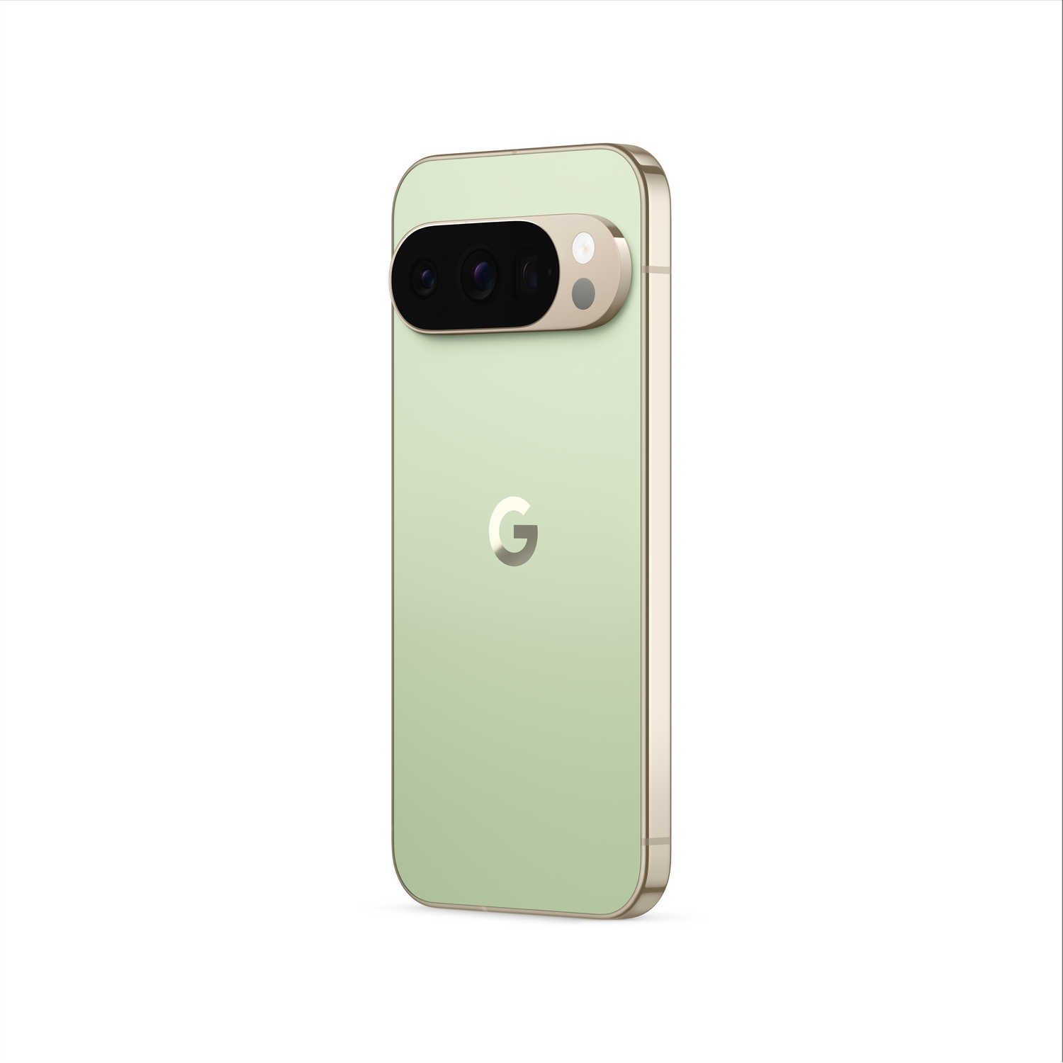 Un smartphone verde claro con marco y barra de cámara dorados. El logo de Google está en la parte posterior, sobre fondo blanco.