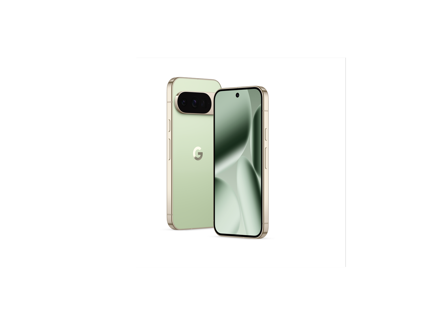 Dos smartphones verdes con marcos dorados. Uno muestra un patrón verde y blanco, el otro la parte trasera con el logo de Google y una cámara.