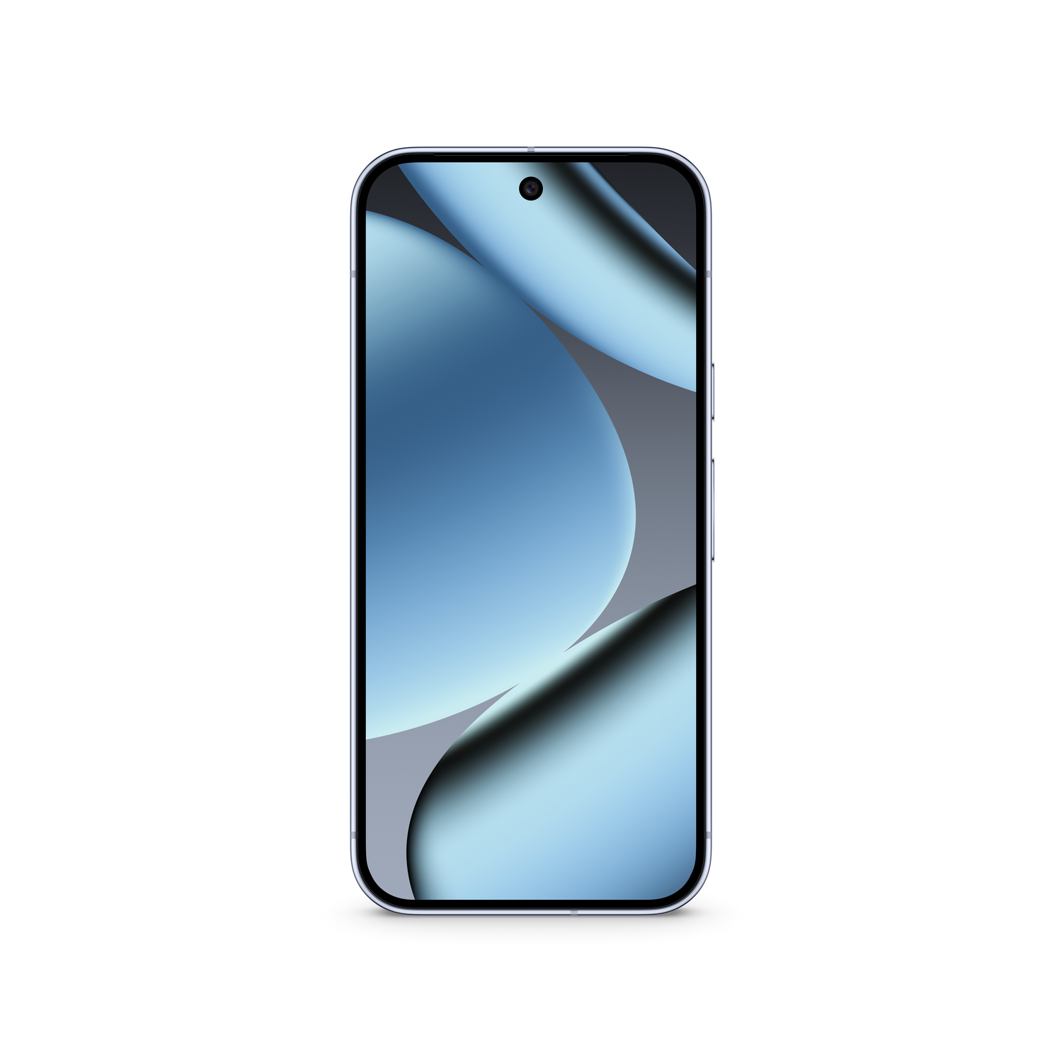 Un smartphone con un fondo de pantalla abstracto azul y gris. El teléfono está centrado sobre un fondo blanco.