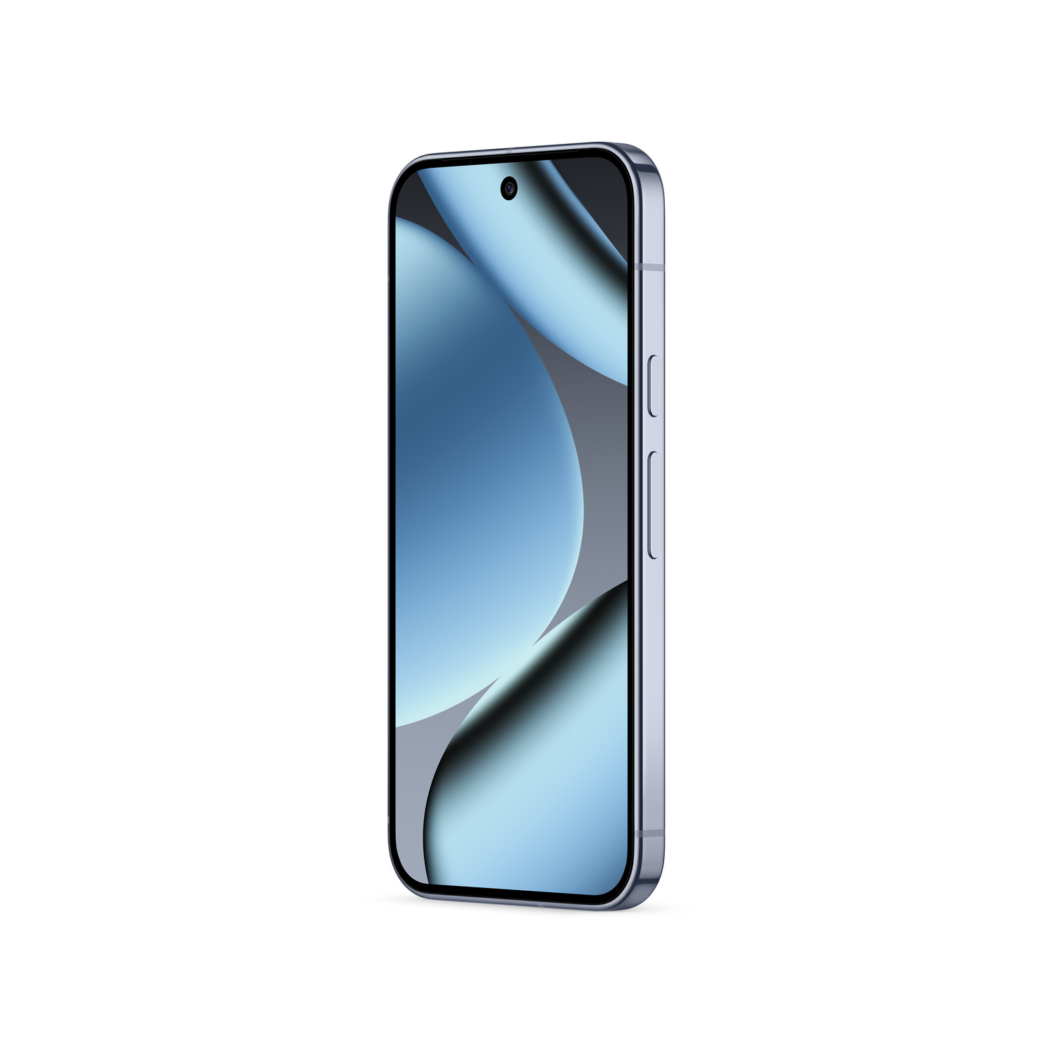 Un teléfono inteligente azul sobre fondo blanco. La pantalla muestra formas abstractas azules y grises. El teléfono está inclinado a la derecha.