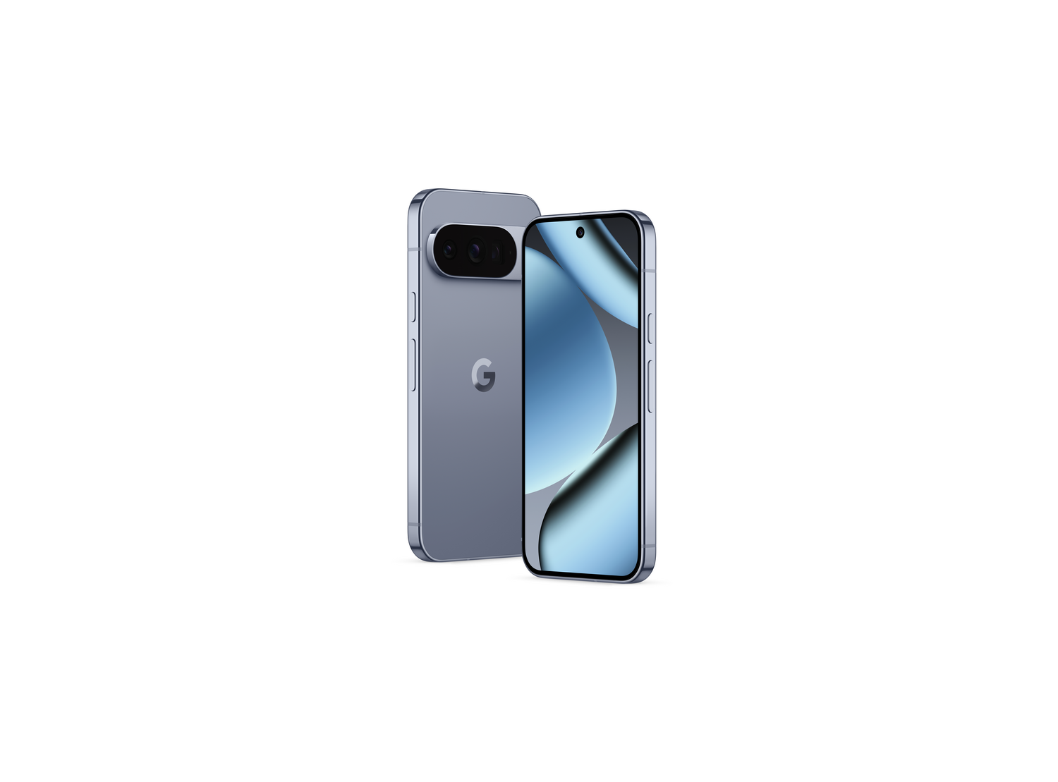 Dos teléfonos inteligentes azules. Uno muestra un fondo ondulado. El otro, en la parte trasera, tiene una cámara y el logotipo de Google.