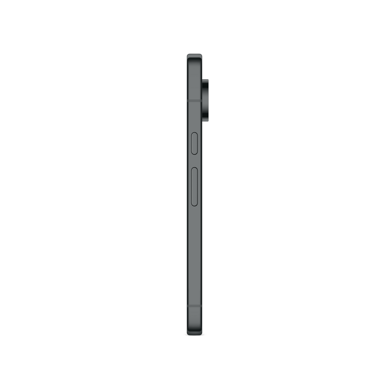 Vista lateral de un teléfono inteligente gris oscuro. El teléfono tiene una protuberancia de la cámara y botones. El fondo es blanco.