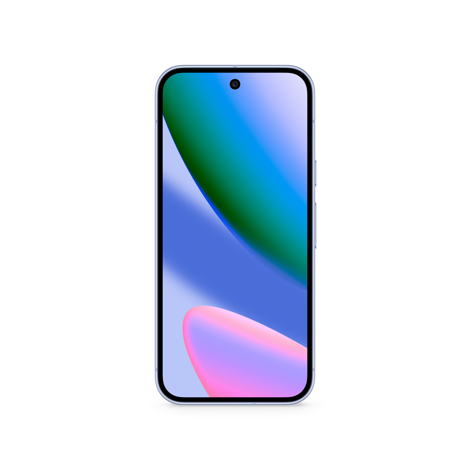 Un smartphone con un marco azul claro y una pantalla que muestra un degradado colorido de verde, azul y rosa sobre un fondo blanco.