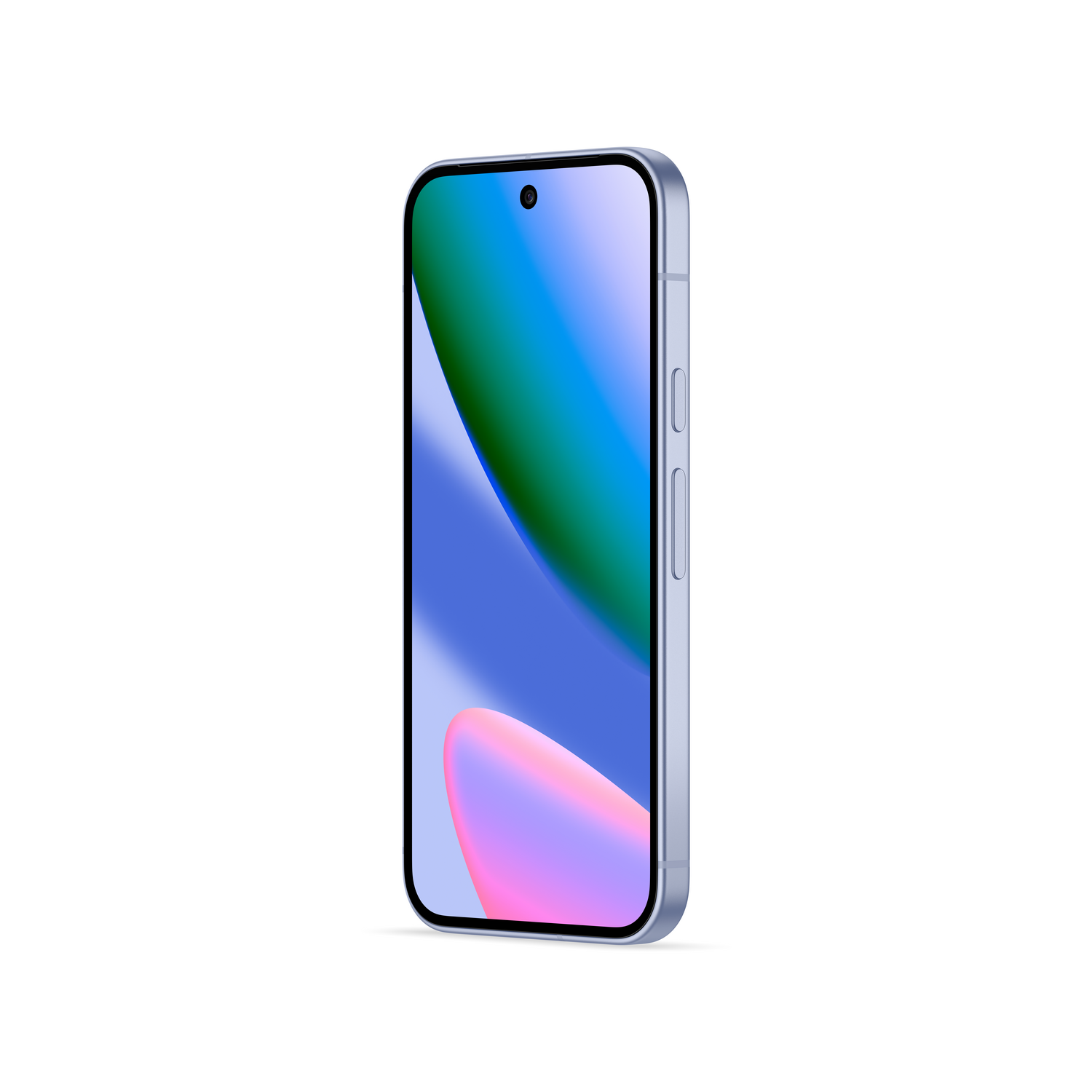 Un smartphone azul claro, inclinado a la derecha, muestra un gradiente colorido en su pantalla. El fondo es blanco.