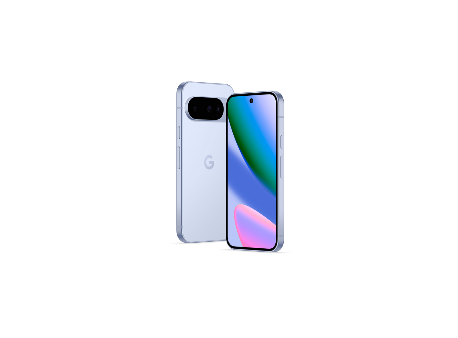 Dos smartphones azul claro, uno con pantalla colorida. El teléfono izquierdo tiene cámara y el logo de Google.